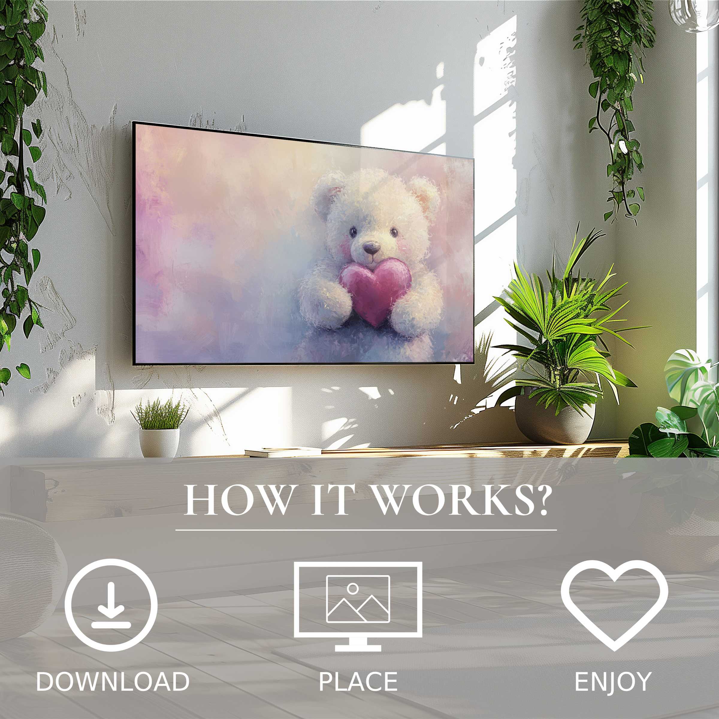 Nursery art for Samsung TV with soft pastel teddy heart motif, easy digital download enriches modern living spaces
