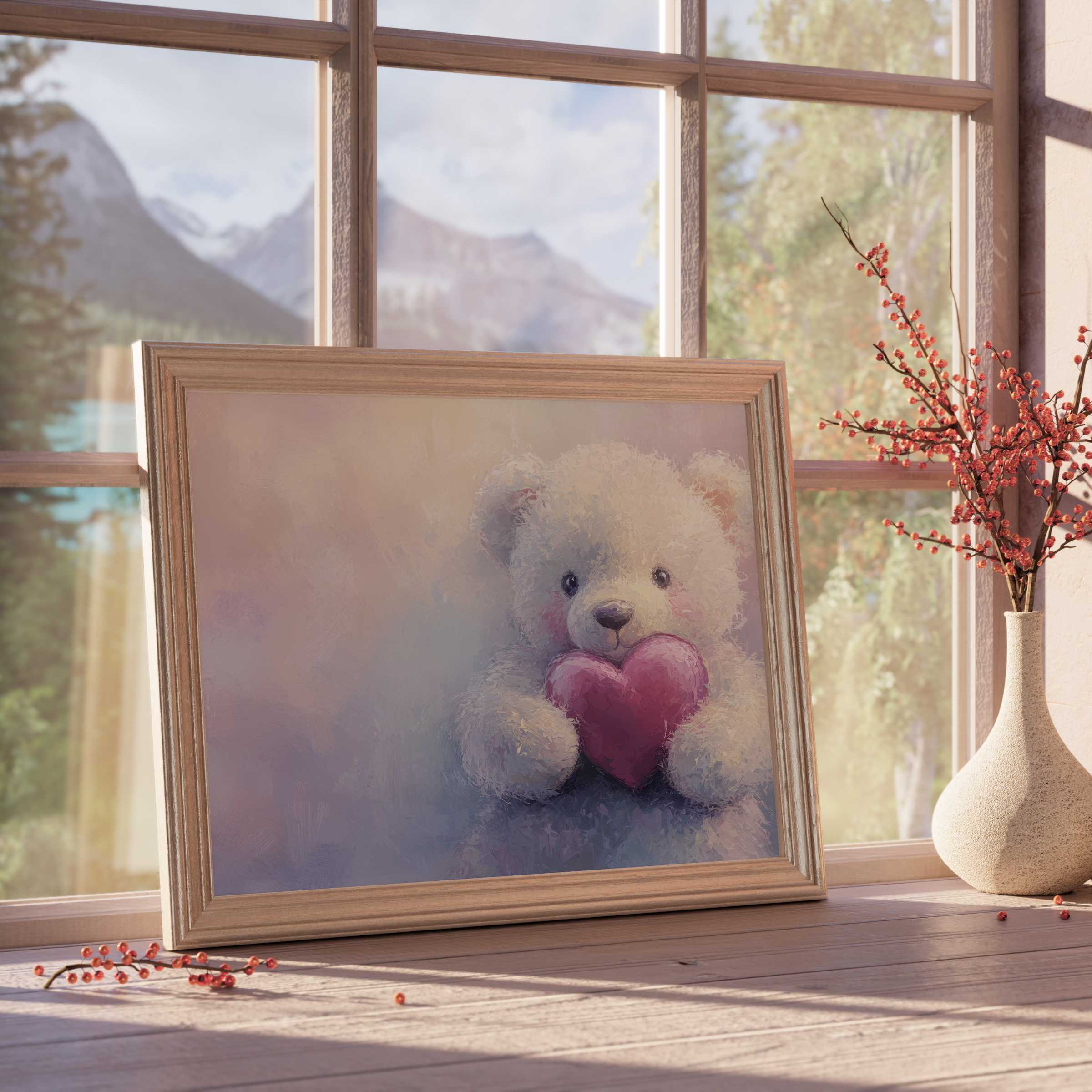 Whimsical nursery downloadable art featuring a soft teddy bear with a heart, evoking warmth and serene charm in curated, stylish nurseries