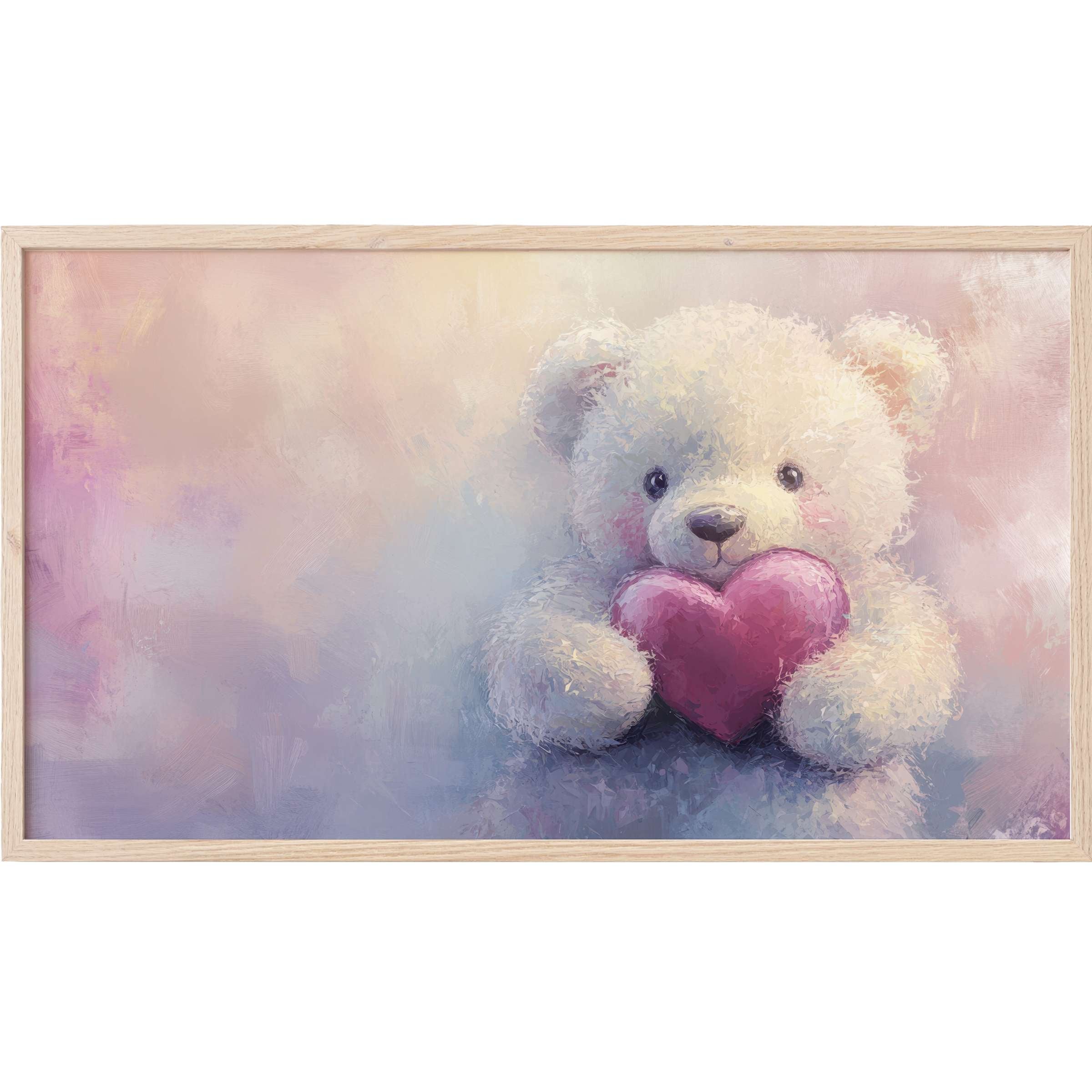 Soft pastel teddy bear holding a pink heart, dreamy brushstrokes, elegant nursery Frame TV Art for modern spaces