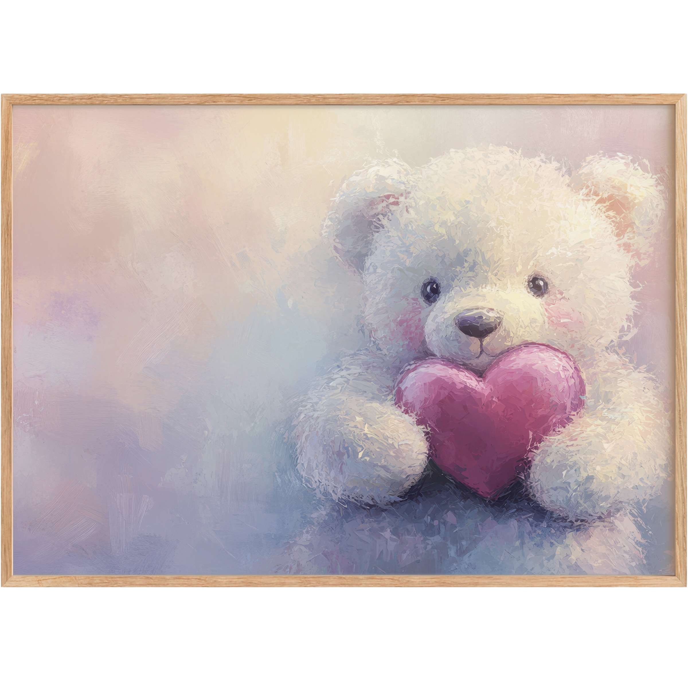 Soft pastel hues cradle a tender white bear holding a pink heart, creating a warm, loving nursery printable wall art