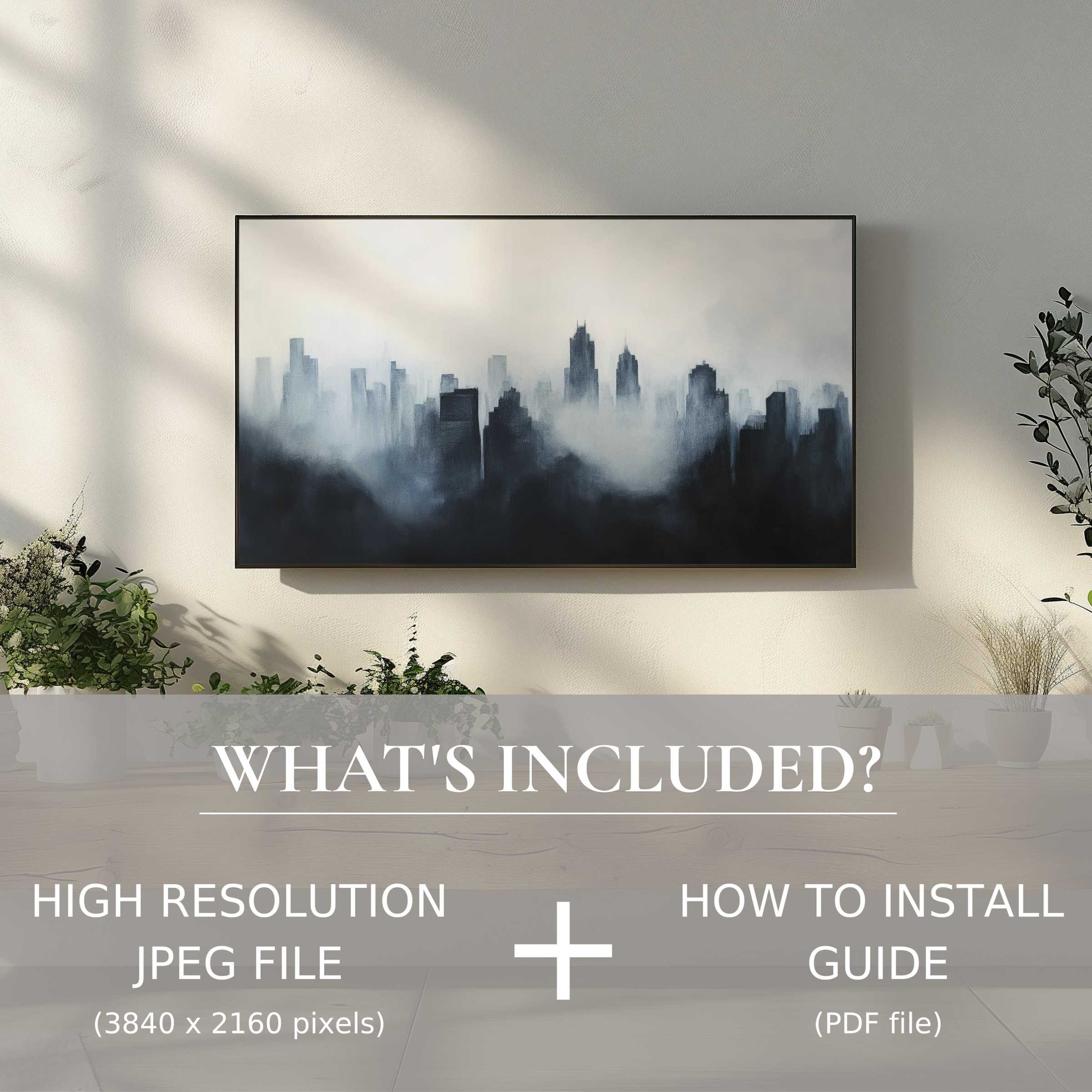 Elegant modern digital TV art download of a misty cityscape, enhancing living spaces with easy digital use and style