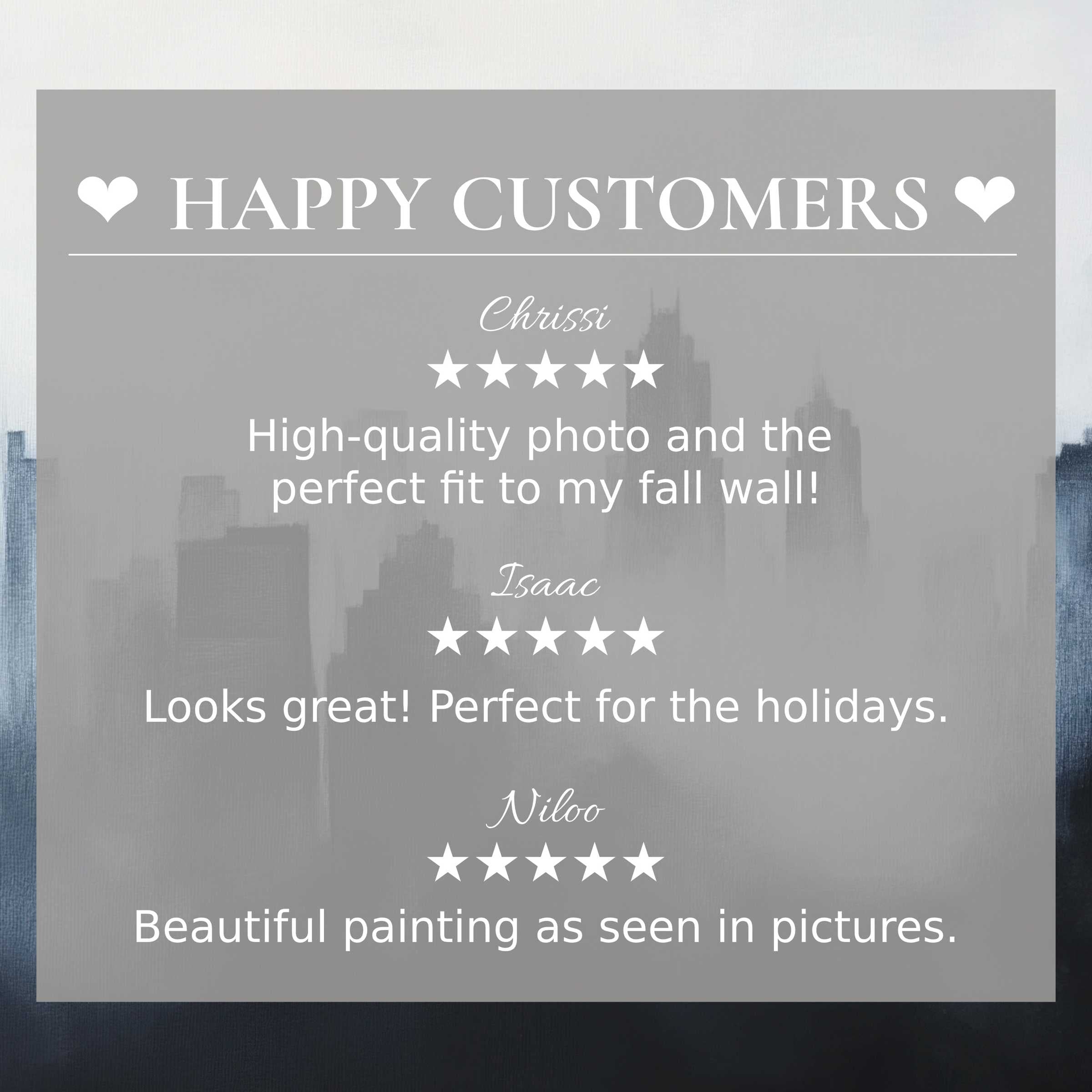 Modern art for Frame TV with abstract cityscape; happy customer reviews build trust and highlight elegance
