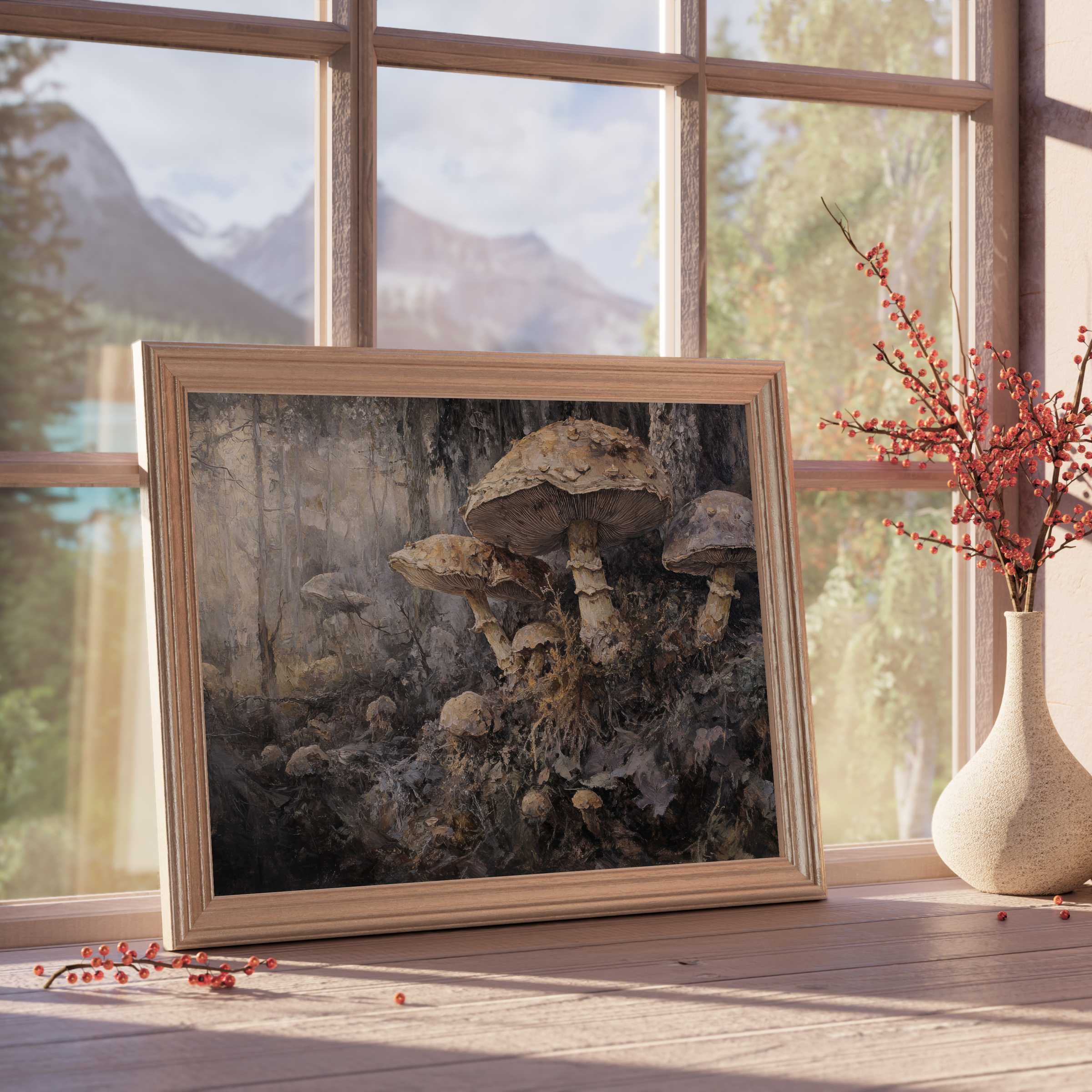 Botanical downloadable art featuring earthy mushrooms in a serene forest scene, perfect for elevating tranquil, design-forward interiors