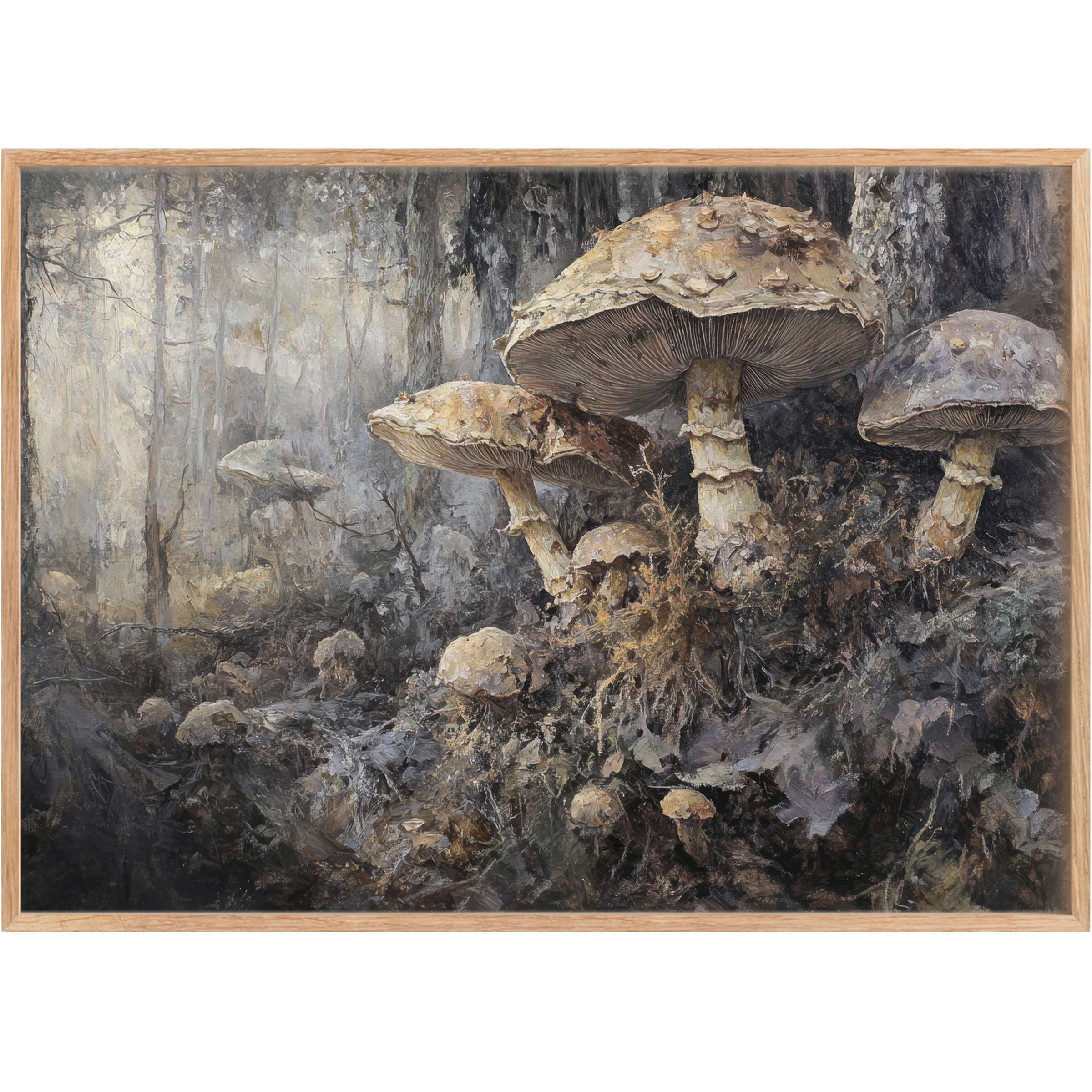 Botanical printable wall art capturing mystical mushrooms in muted earth tones, evoking a serene, enchanted forest ambiance
