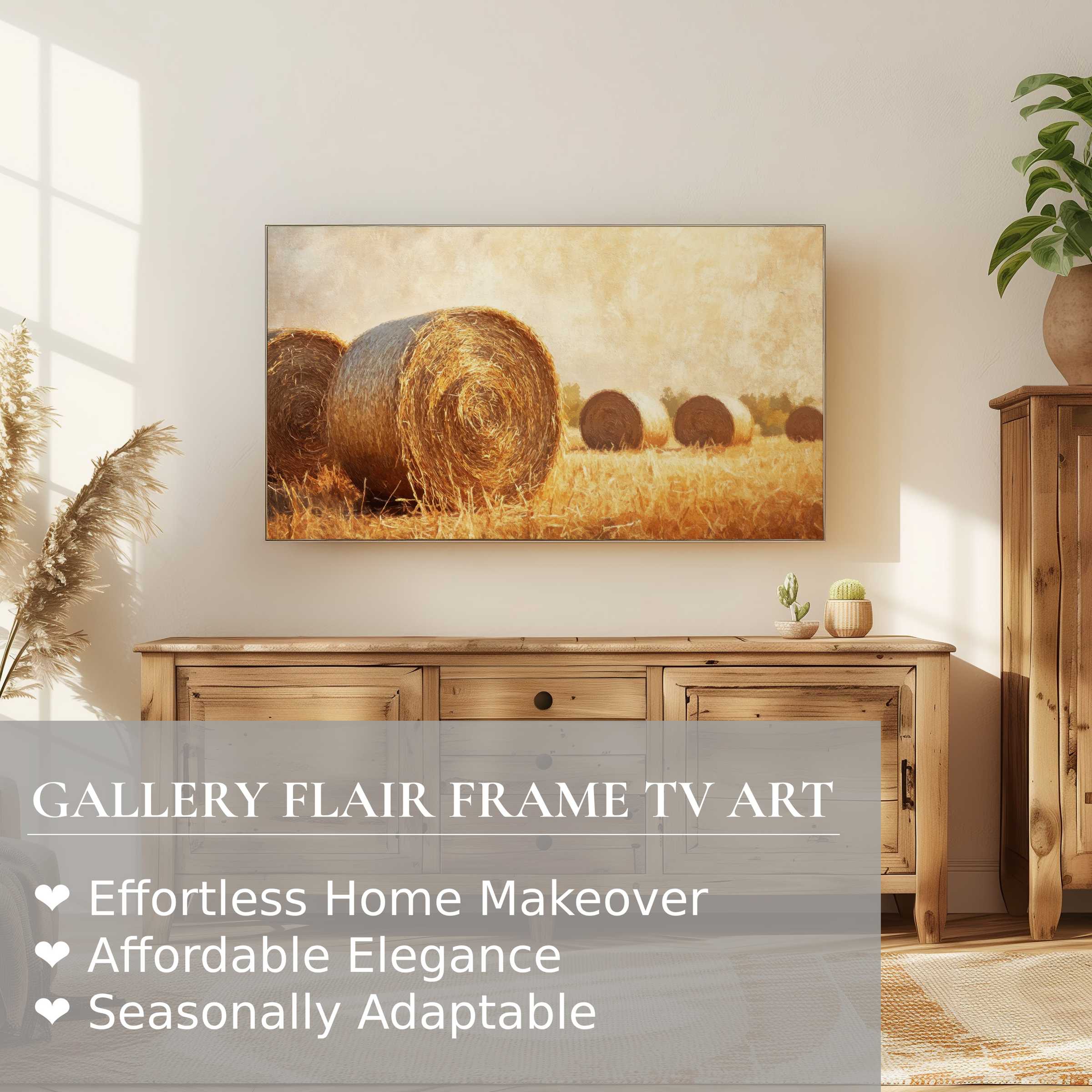 Samsung Frame TV showcasing warm farmhouse digital artwork of hay bales in a serene, sunlit modern interior