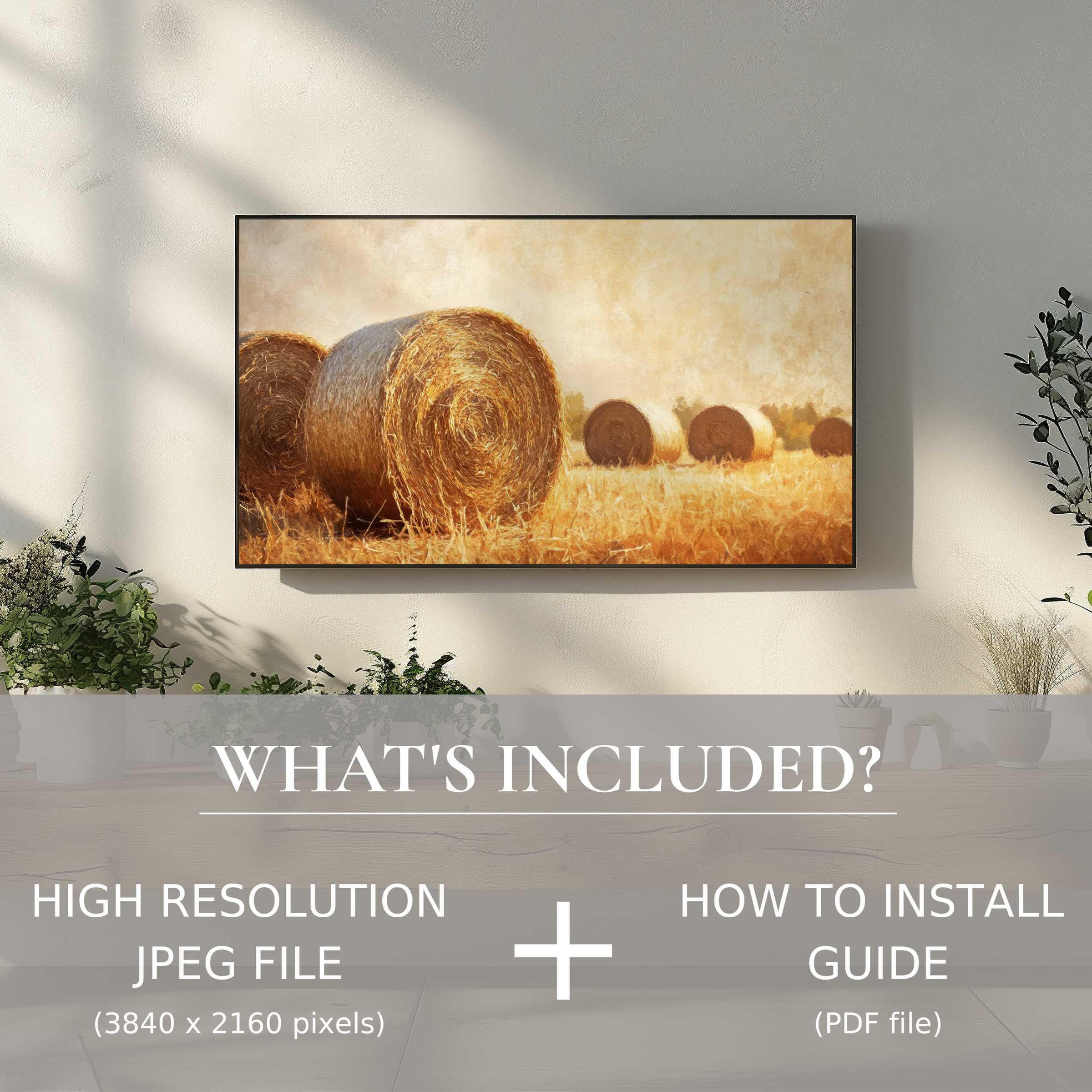 Elegant farmhouse digital TV art download with hay bale scene, easy digital use enhances your stylish living space