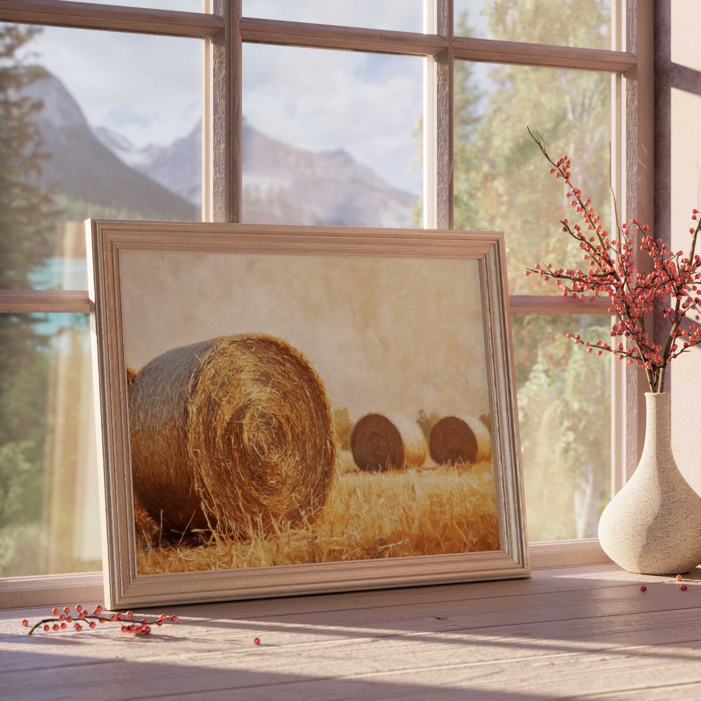 Farmhouse downloadable art capturing golden hay bales bathed in warm sunlight, perfect for serene, rustic-chic interiors