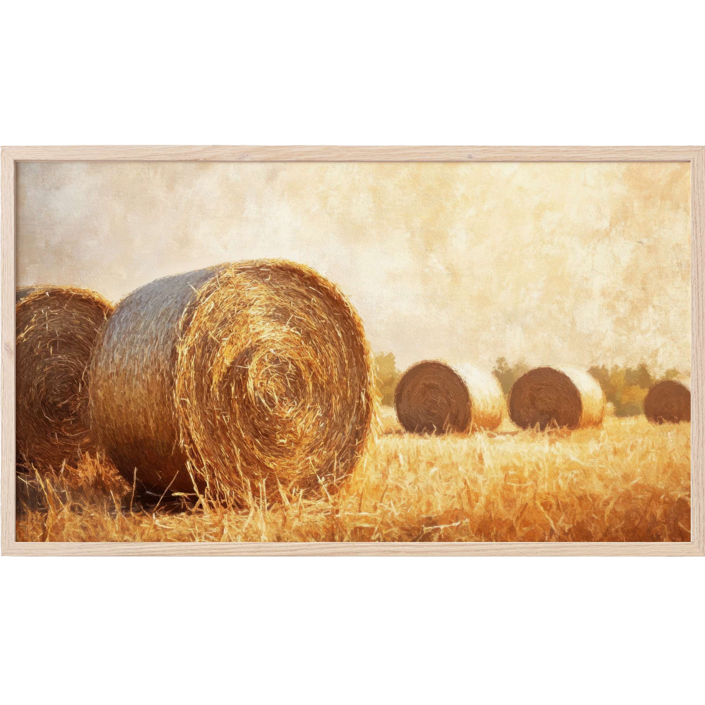 Farmhouse Frame TV Art depicting golden hay bales in a warm, textured, impressionistic countryside scene