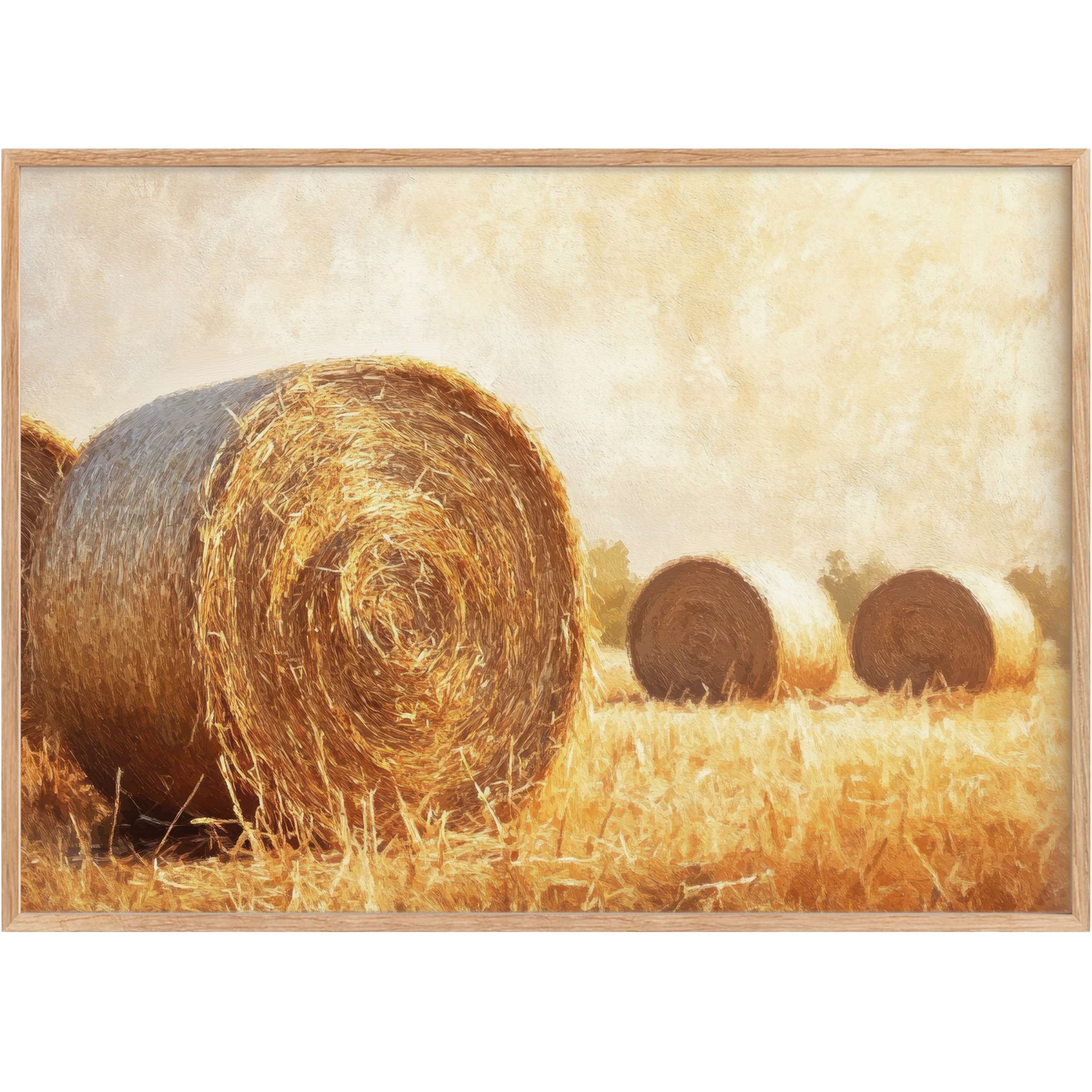 Golden hay bales bask under warm sunlight, creating a serene, inviting mood in this farmhouse printable wall art