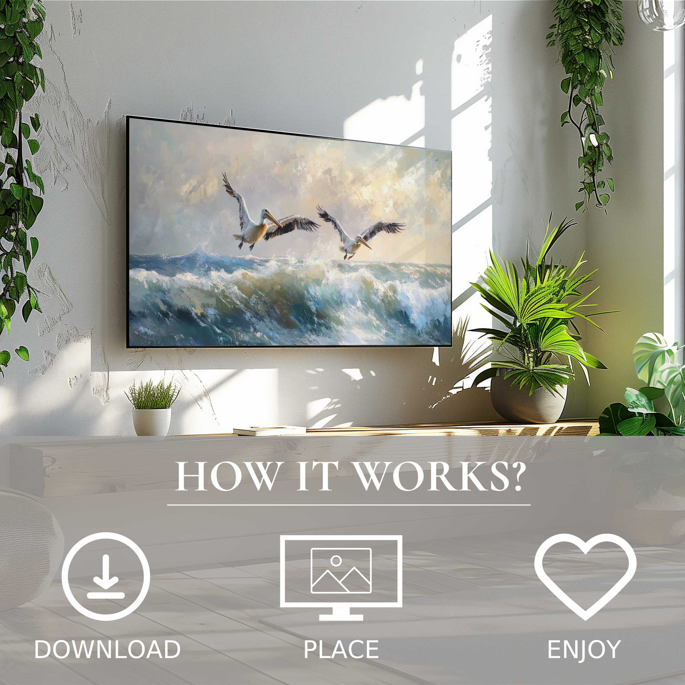 Coastal art for Samsung TV showing soft sunset tones and flying pelicans, easy digital download enriches modern spaces