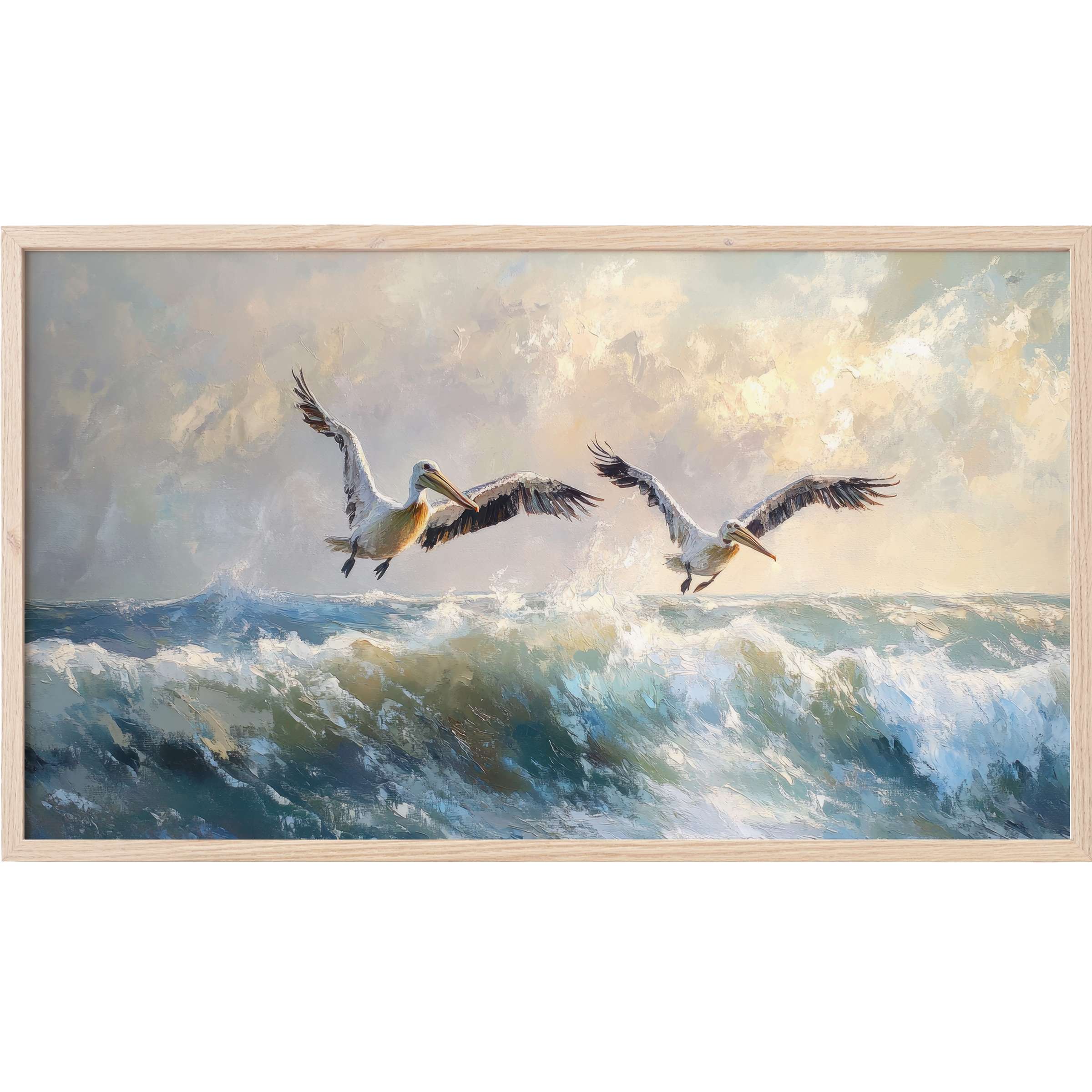 Coastal Frame TV Art featuring two soaring pelicans over textured waves in soft blues and warm golden hues