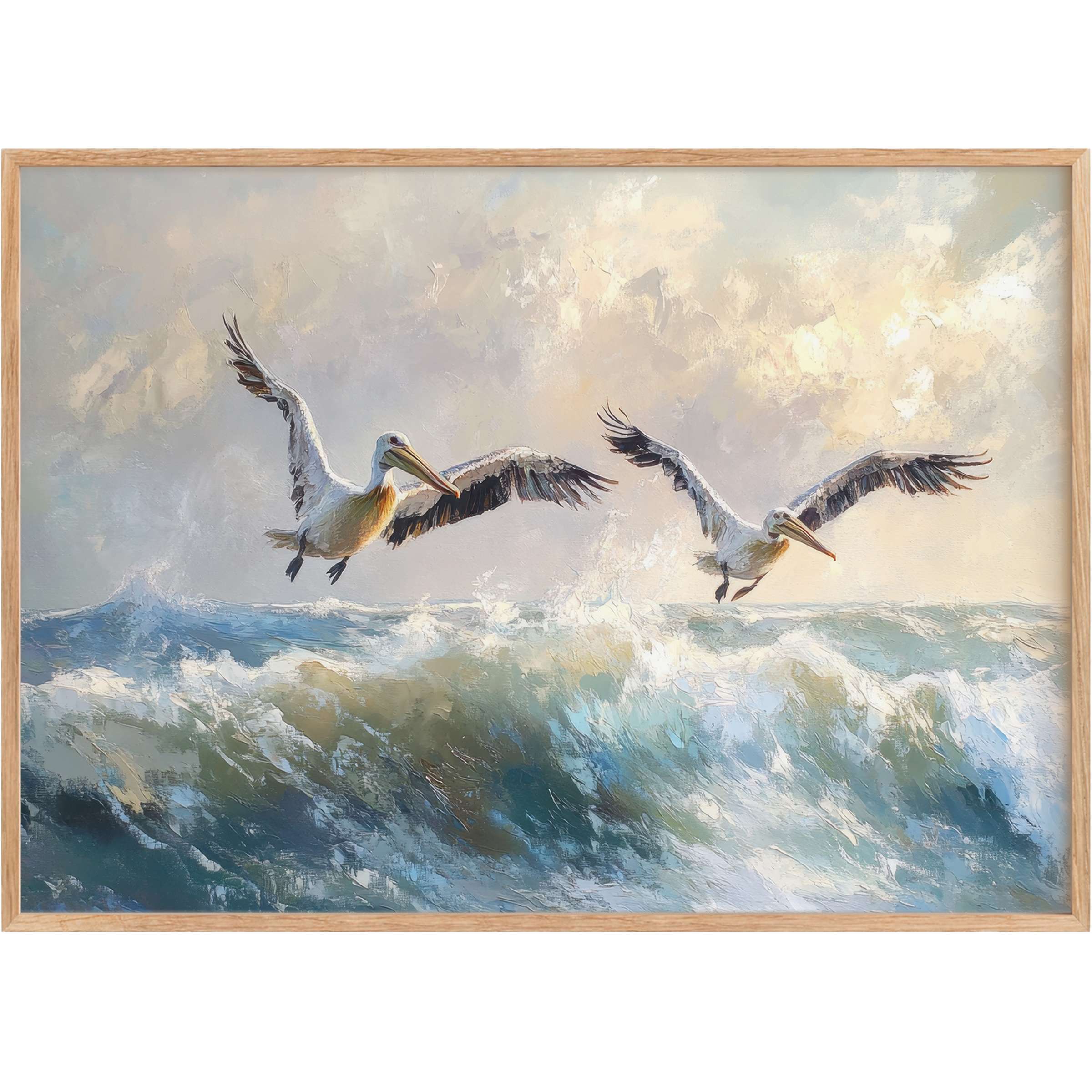 Coastal printable wall art capturing soaring pelicans above vibrant teal waves, evoking a serene and uplifting ocean breeze