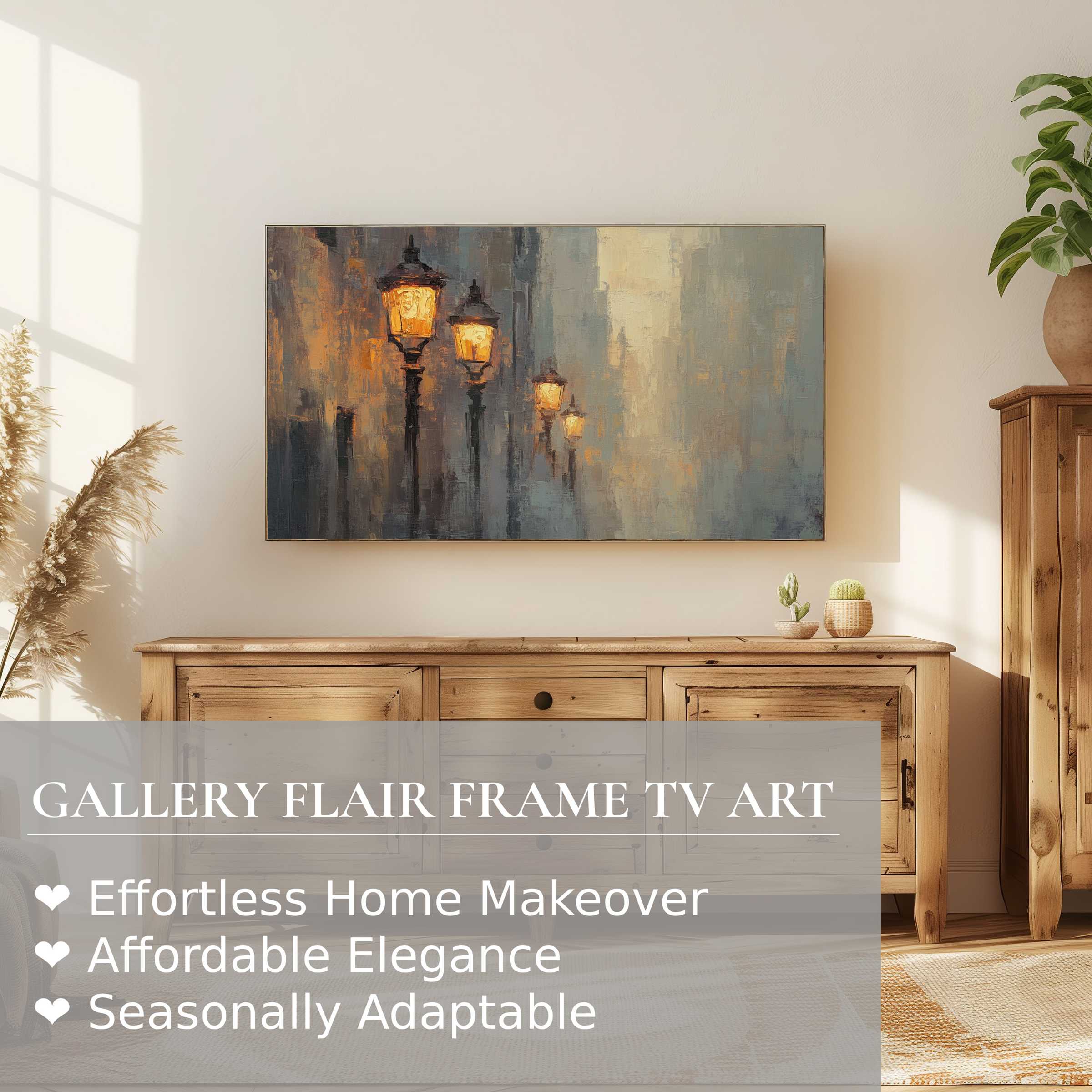 Samsung Frame TV displays warm, textured urban digital artwork of glowing street lamps in a serene, elegant setting