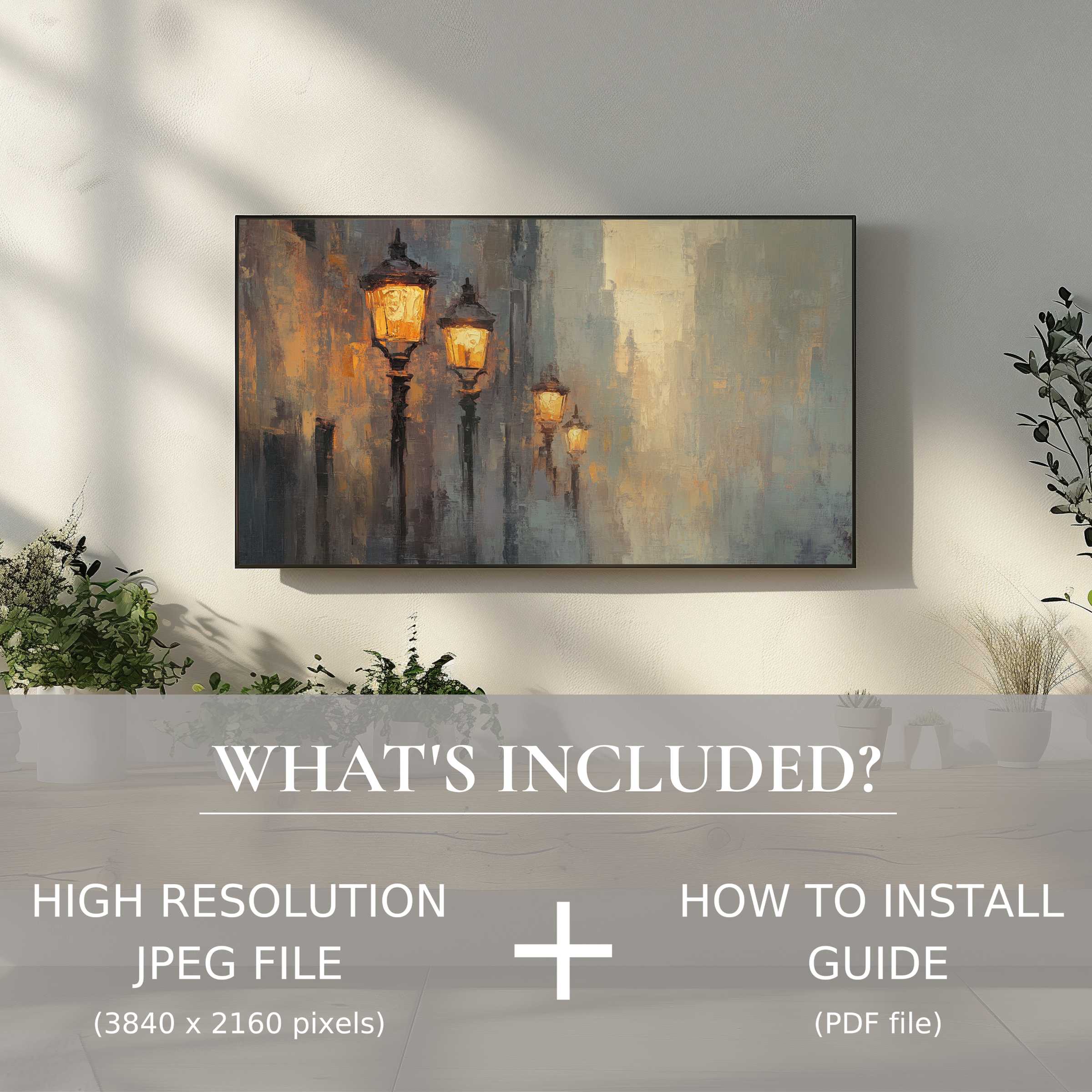Stylish urban digital TV art download elevates living spaces with easy digital use and warm cityscape ambiance