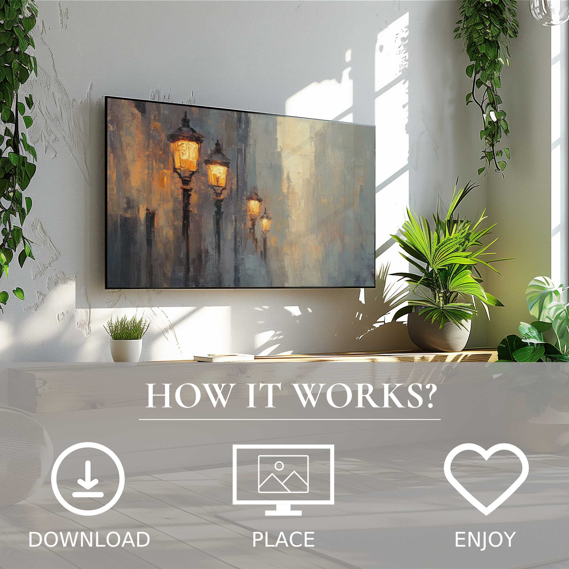 Urban art for Samsung TV: easy digital download showcasing warm streetlamp glow enriching modern living spaces