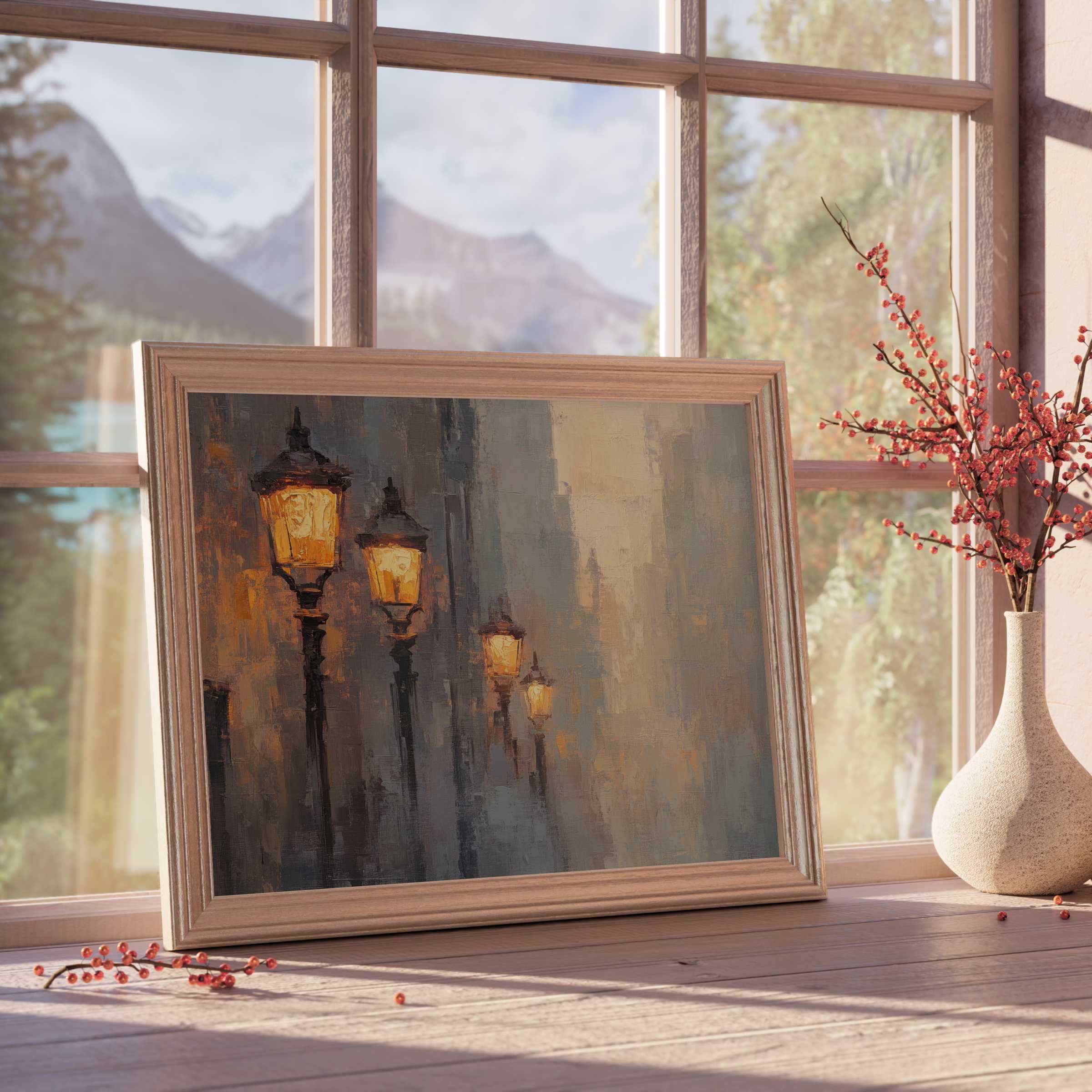 Warm urban downloadable art capturing glowing street lamps in a serene, misty cityscape-perfect for tranquil, design-forward interiors