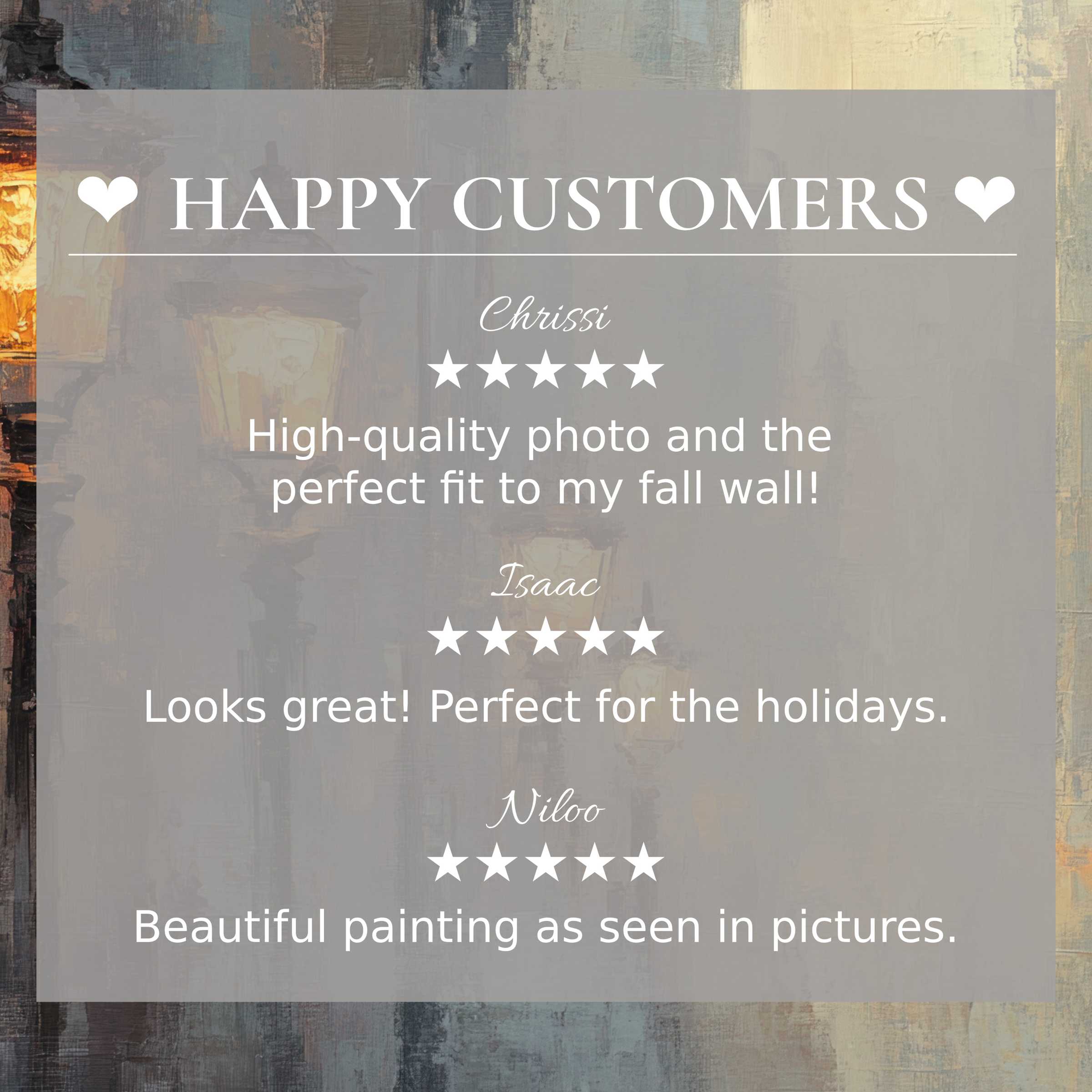 Urban art for Frame TV with warm lamp hues, showcasing happy customer reviews and refined, elegant design appeal