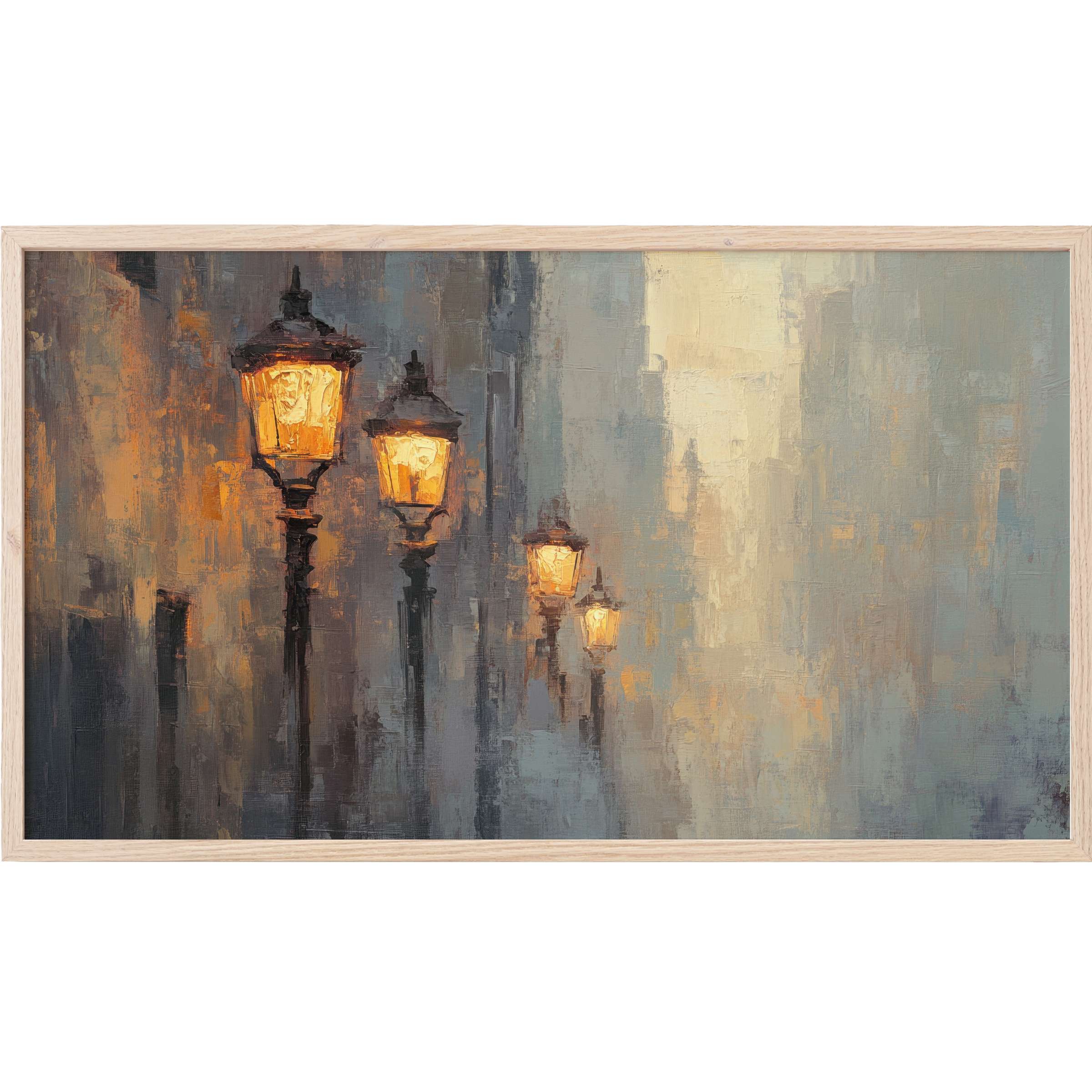 Urban Frame TV Art featuring glowing street lamps with textured brushstrokes in muted blues and warm amber tones