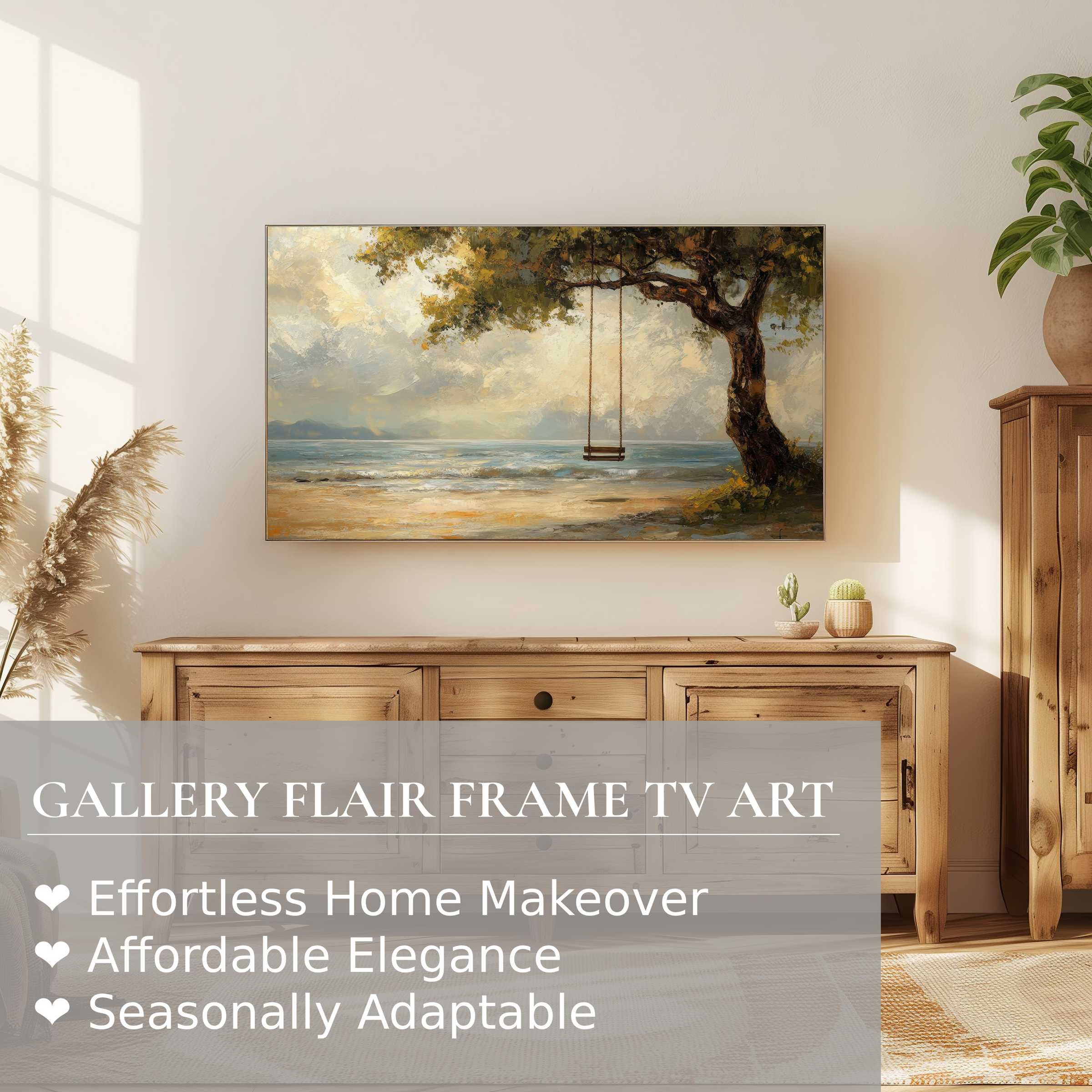 Samsung Frame TV displaying serene beach digital artwork with soft tones in a warm, modern living space