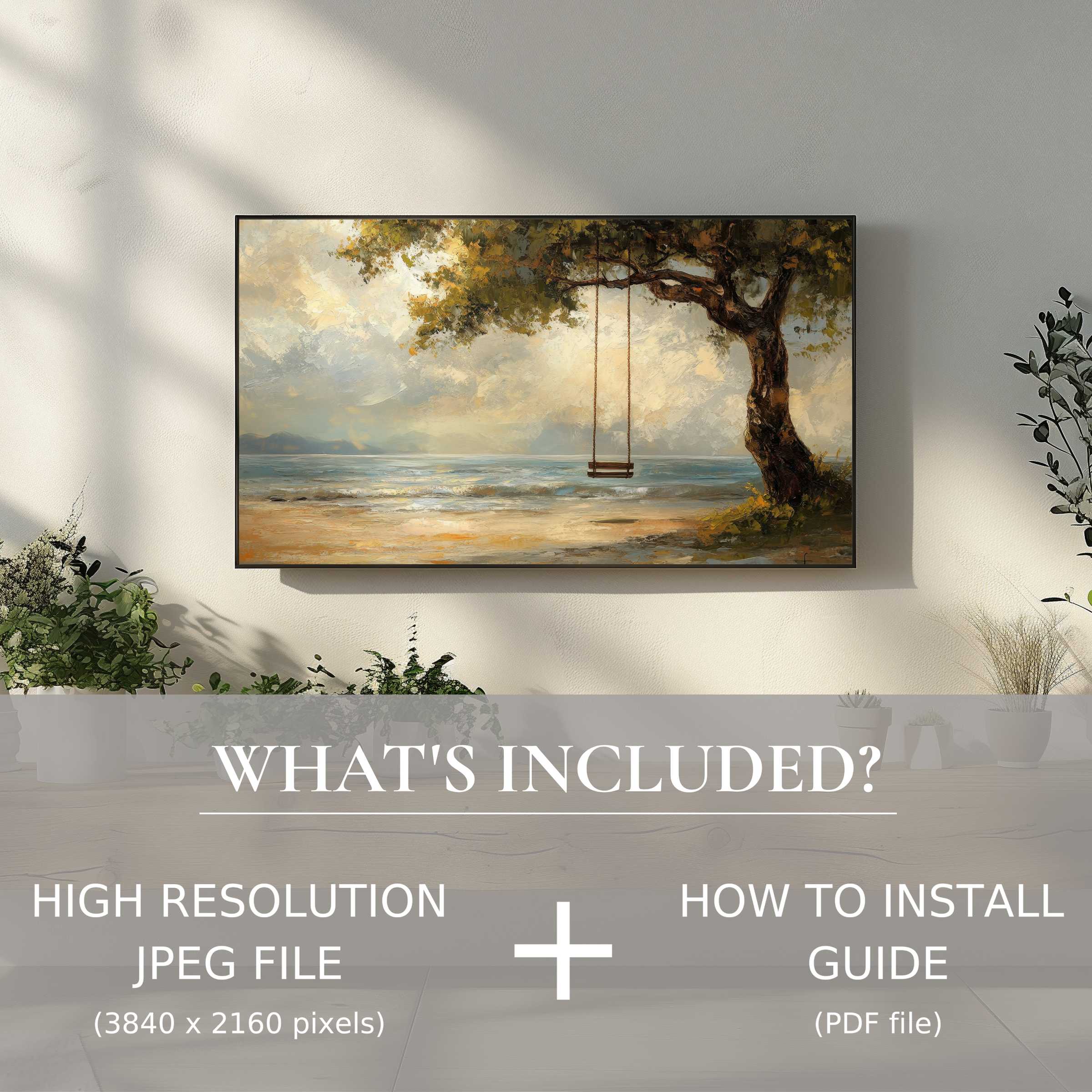 Elegant beach digital TV art download, easily enhances living spaces with high-res digital use and modern style