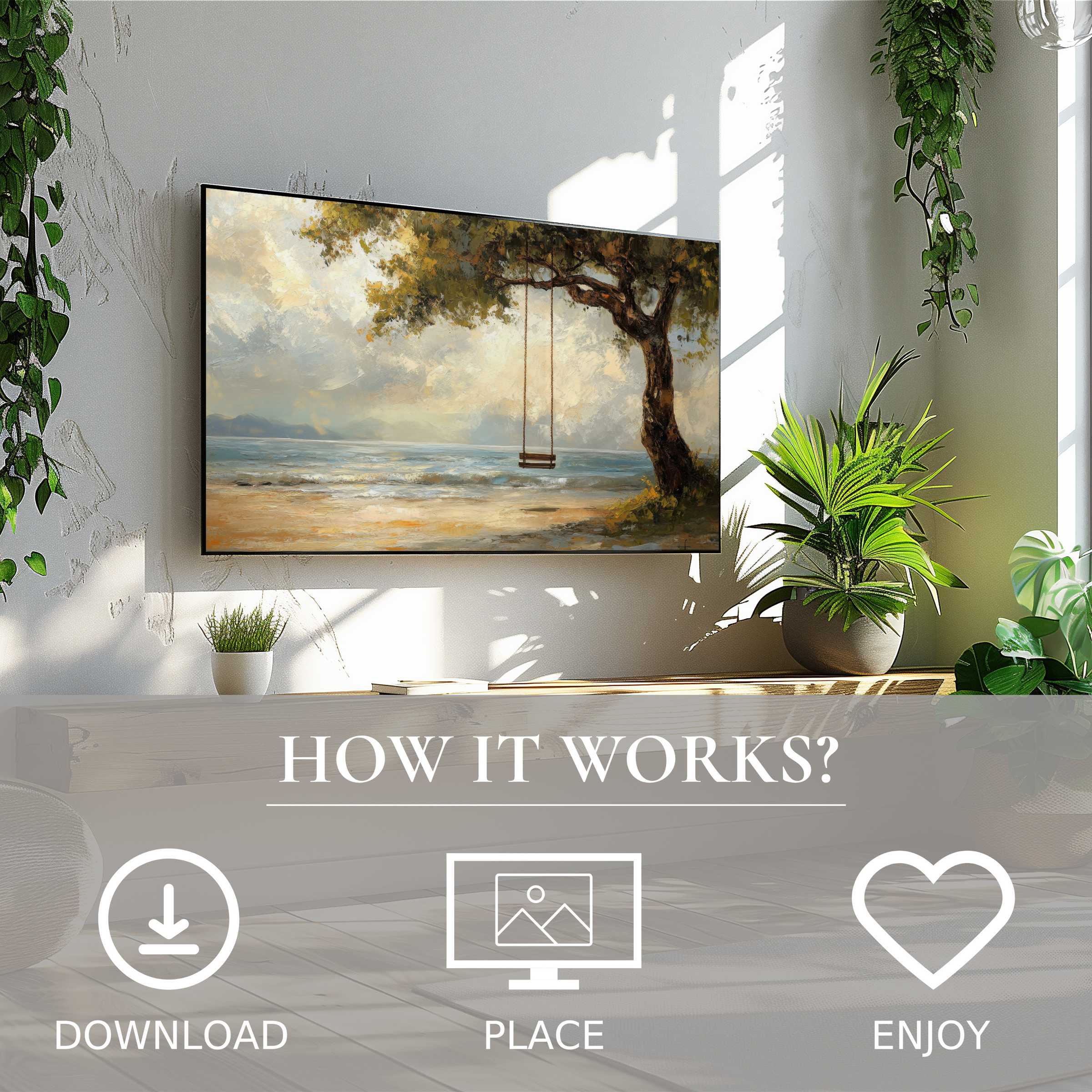Beach art for Samsung TV: digital download with serene coastal swing motif, enhancing modern living spaces with ease