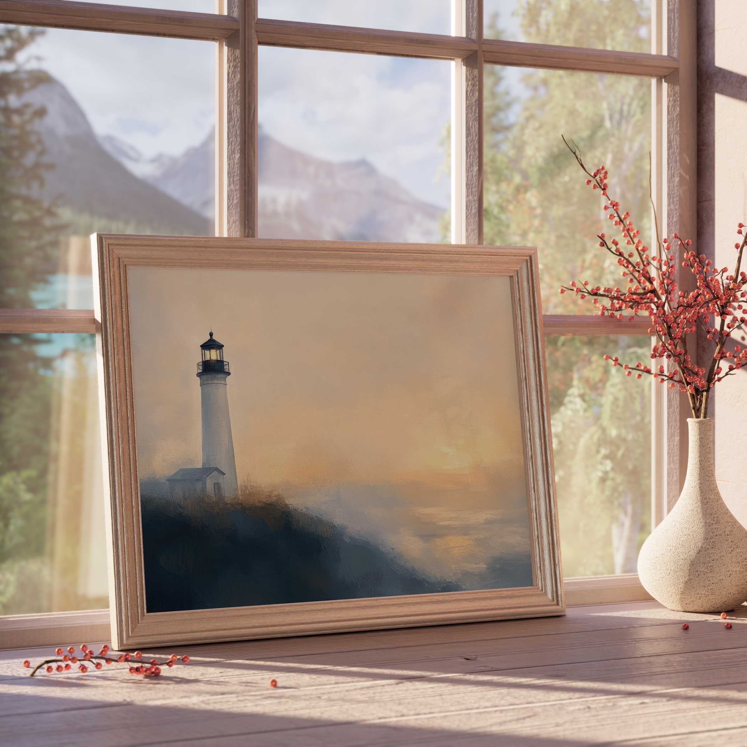 Summer downloadable art evoking serene coastal calm with a luminous lighthouse, perfect for curated, tranquil interiors