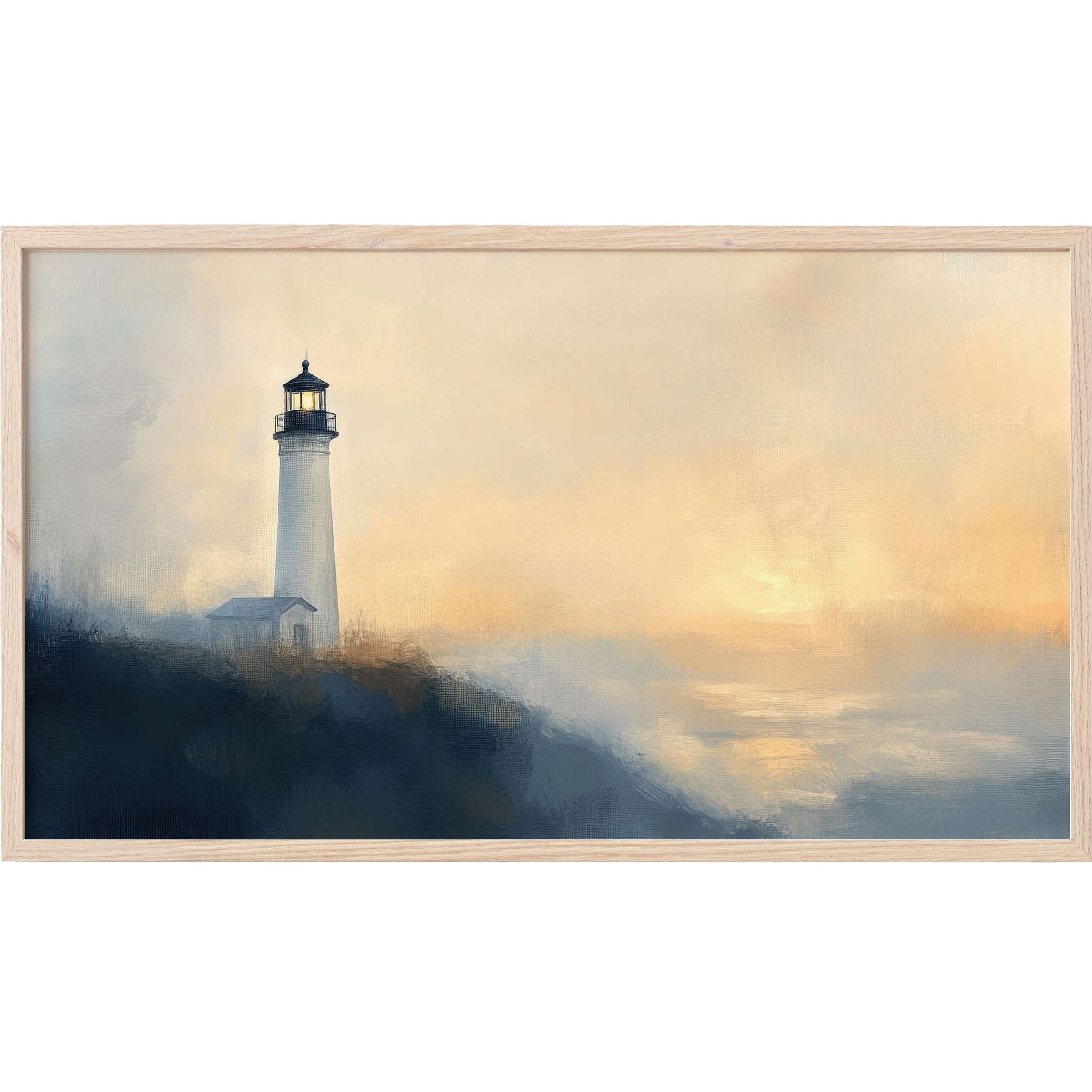 Tranquil lighthouse at dawn in soft blues and warm golds, an elegant summer Frame TV Art for refined spaces