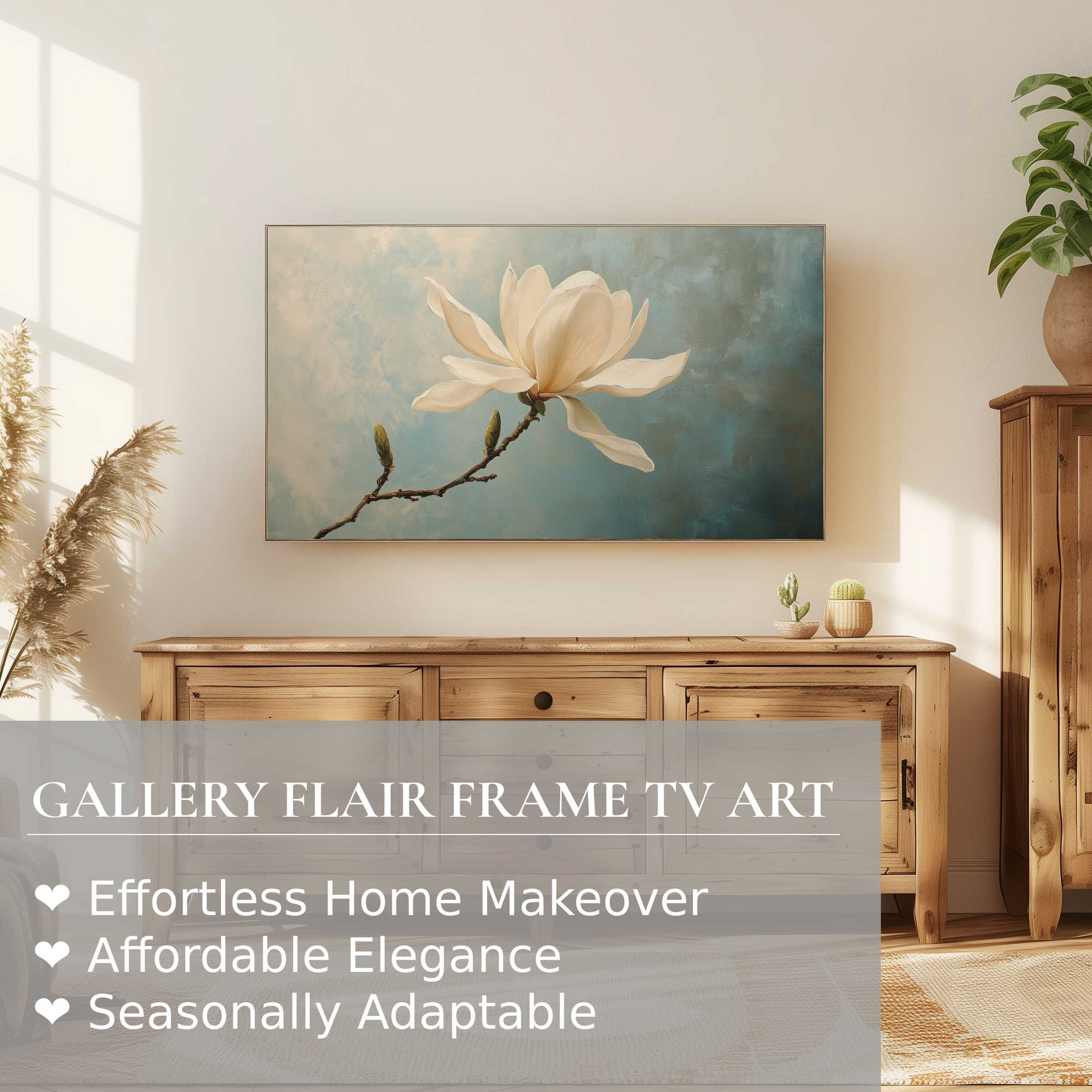 Samsung Frame TV displays refined spring digital artwork of a delicate magnolia in a serene, modern living space