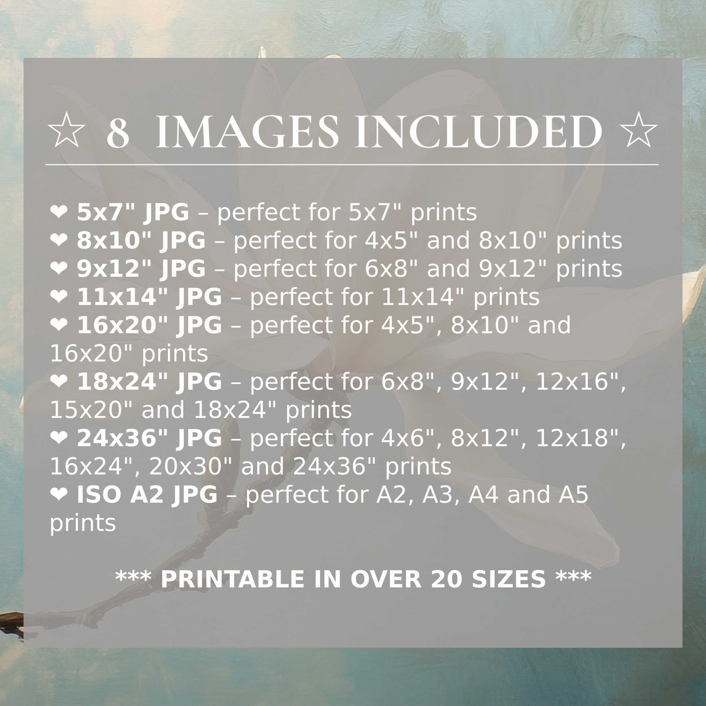 Radiant spring digital print featuring soft white blossoms on calming blue-green backdrop, offered in 8 high-quality sizes for versatile modern interiors