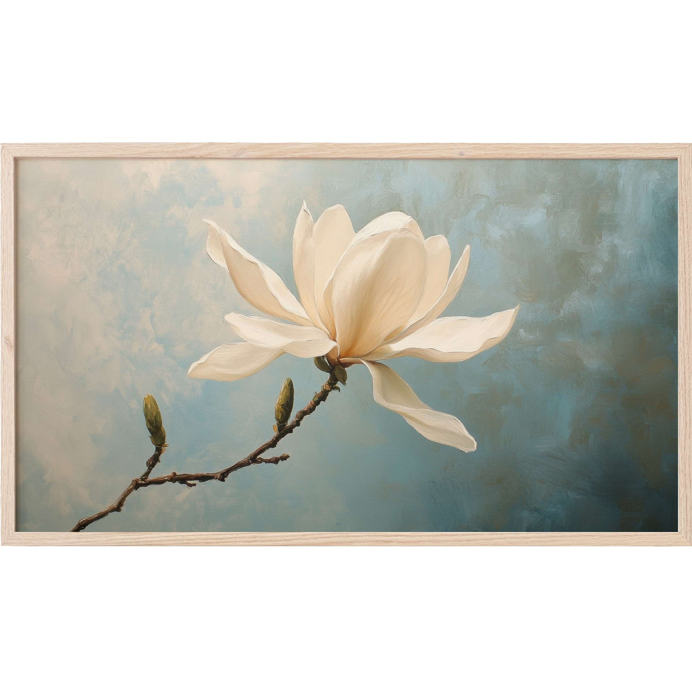 Elegant cream magnolia blossom on textured blue-gray background, framed in light wood, spring Frame TV Art