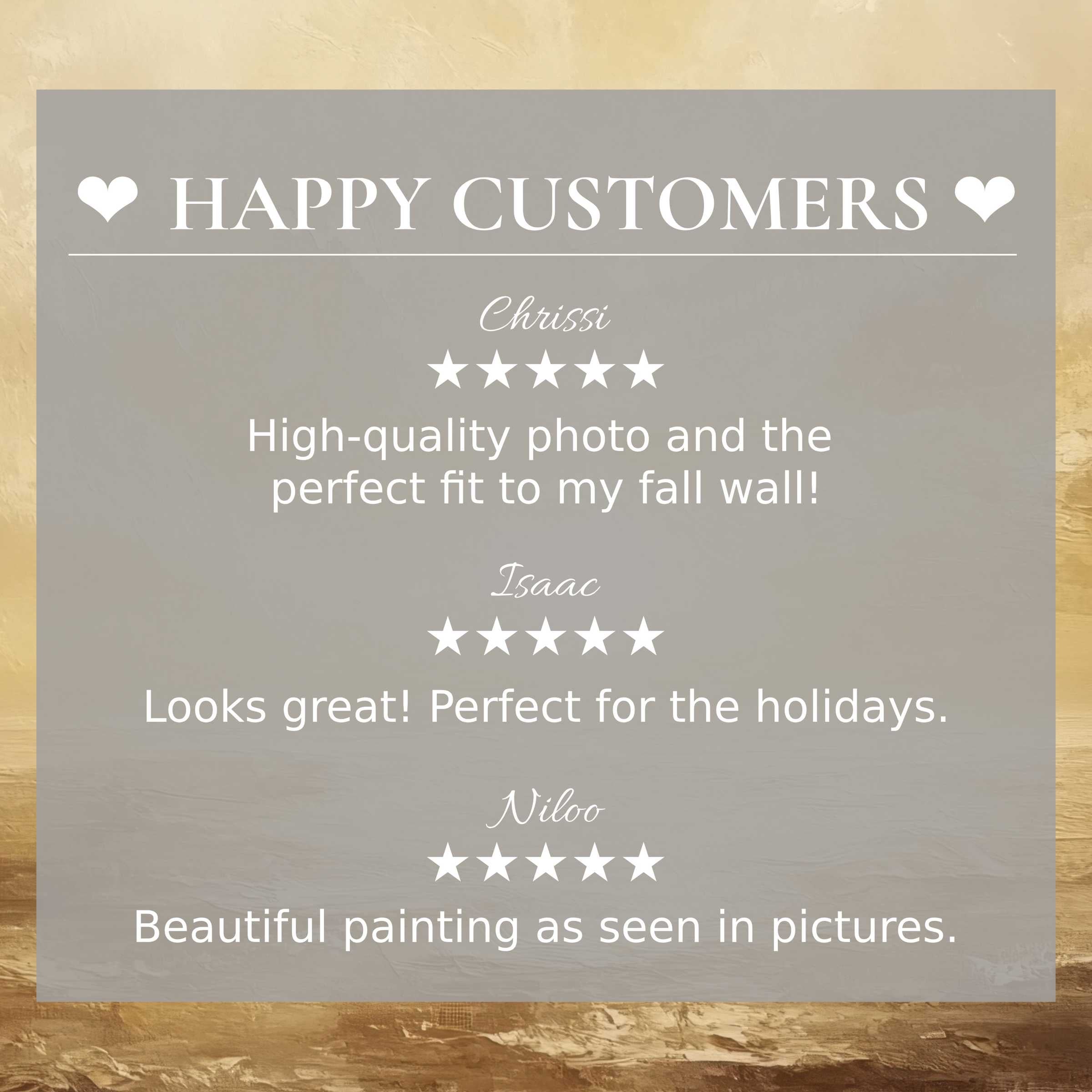 Refined layout with glowing reviews and abstract sunset hues builds trust in landscape art for Frame TV and happy customer