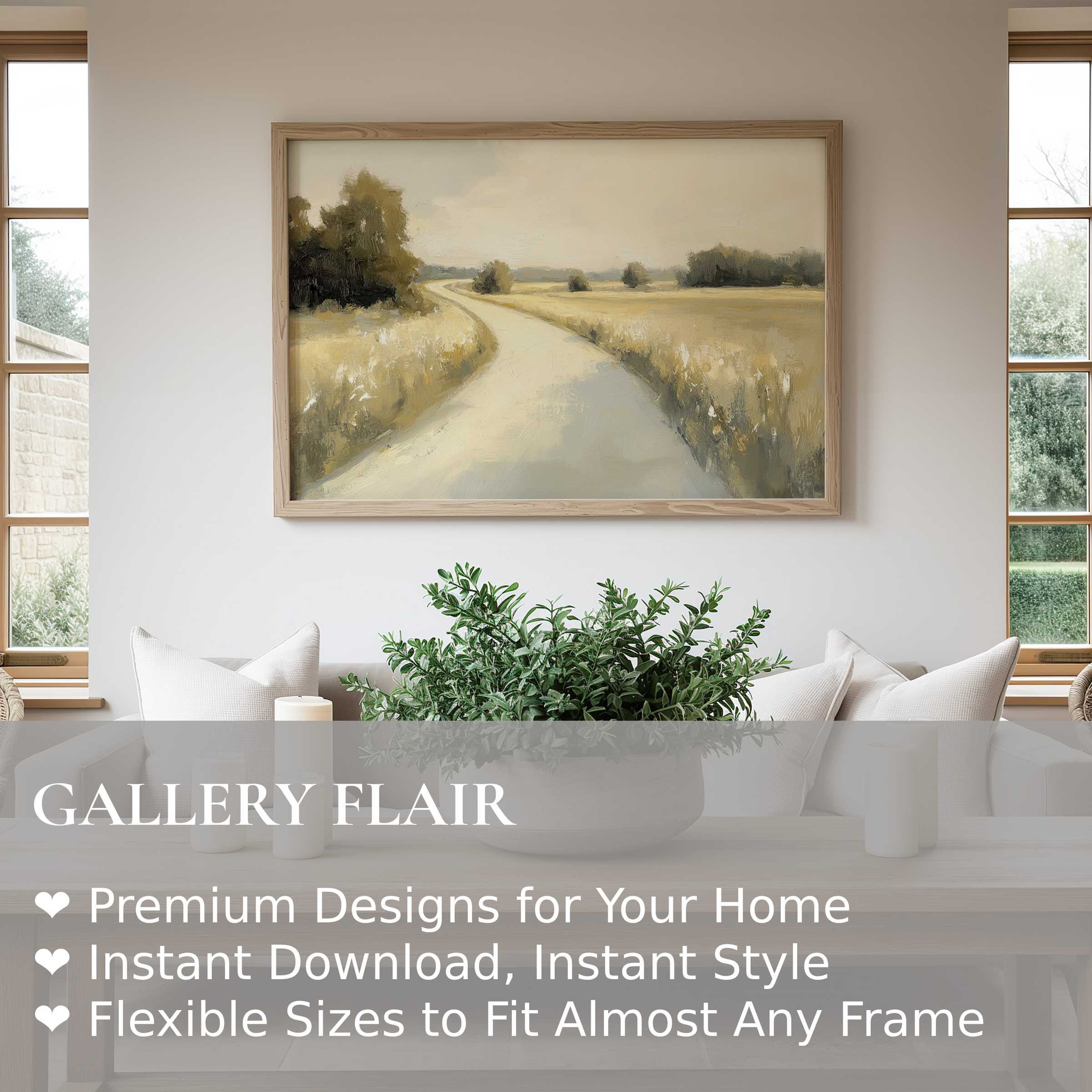 Vintage wall art print capturing a serene country road in soft, muted tones; enhances modern farmhouse interiors with calming elegance and timeless charm