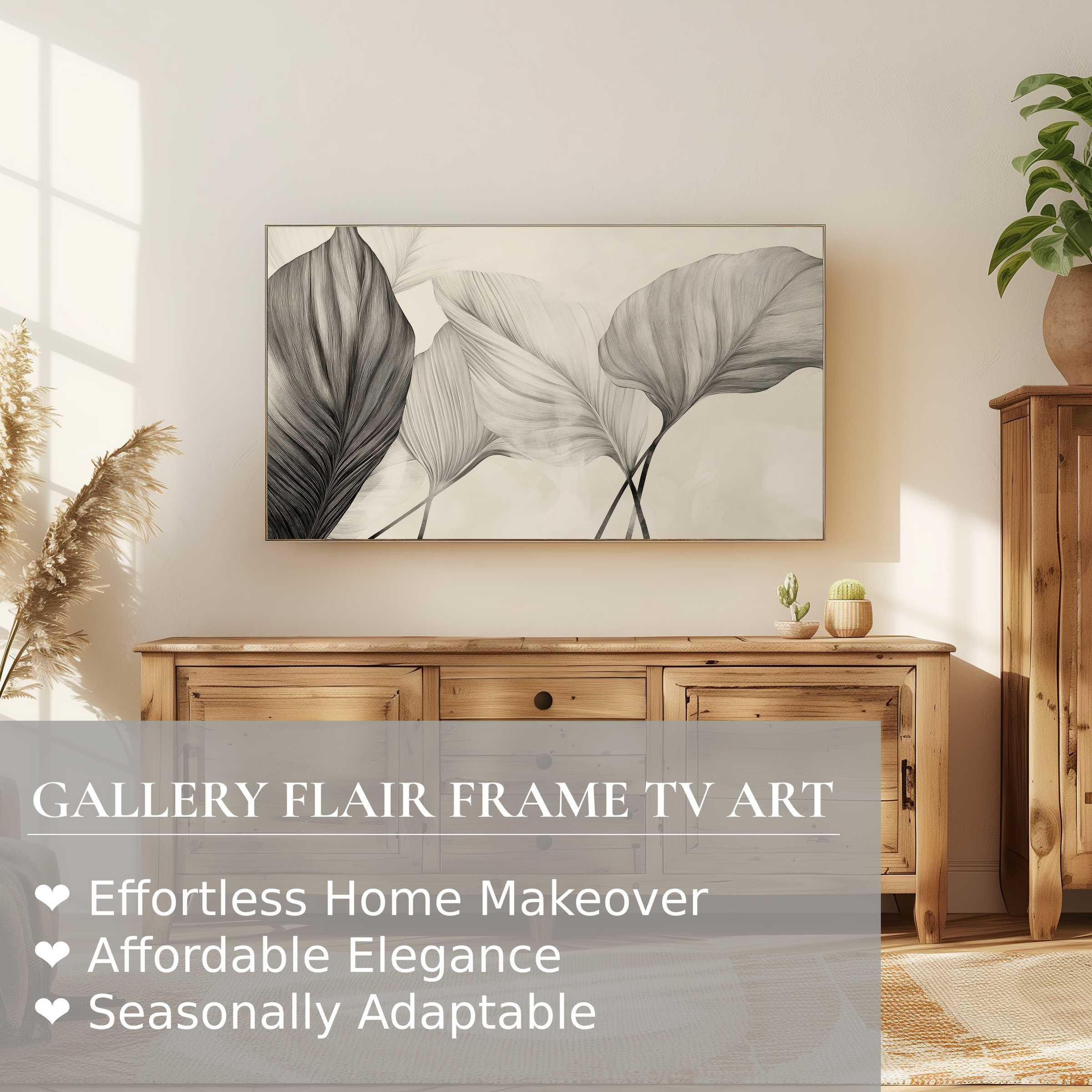 Samsung Frame TV displays refined neutral digital artwork of delicate leaves in a sunlit minimalist living space