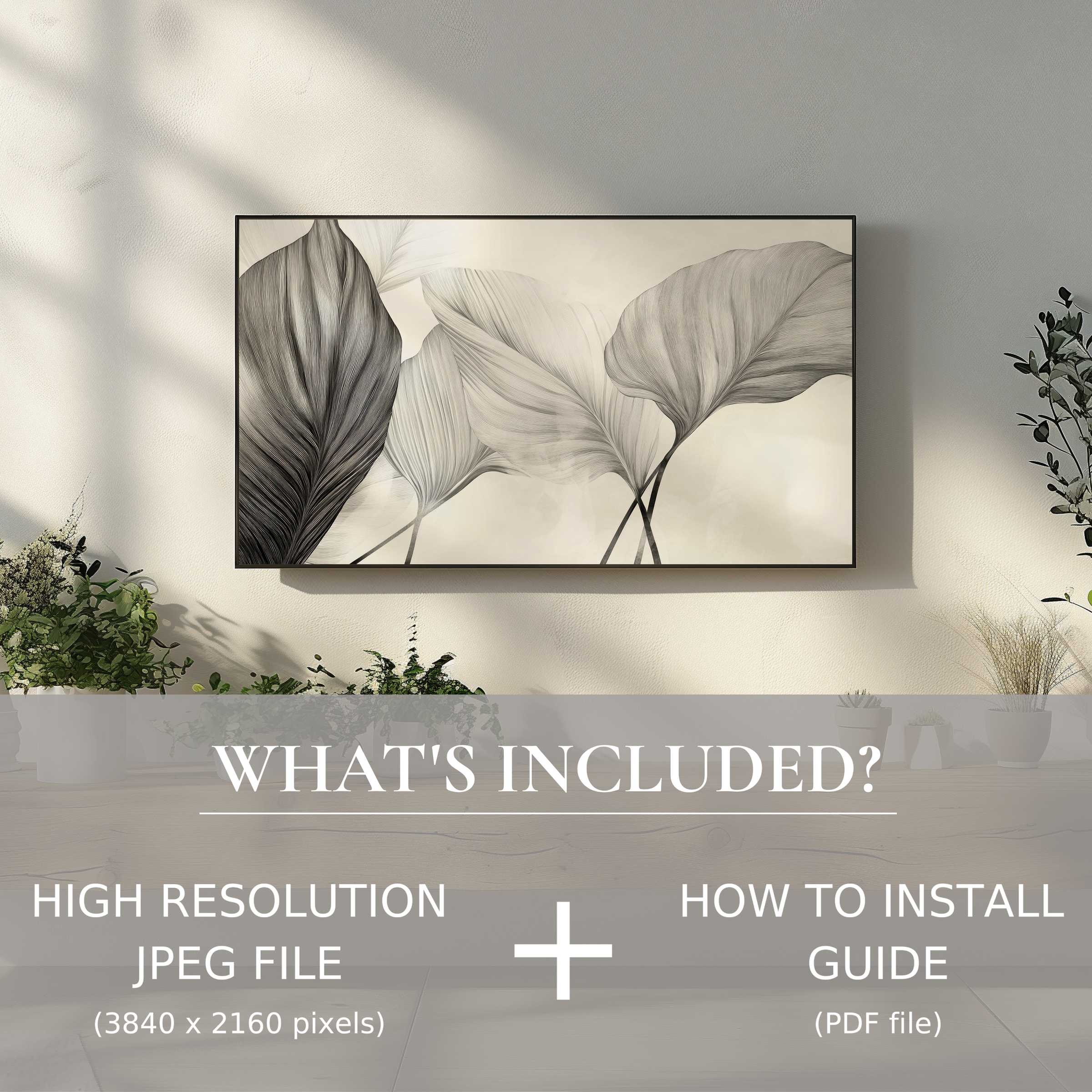 Elegant neutral digital TV art download with easy use, enhancing modern living spaces with subtle botanical beauty