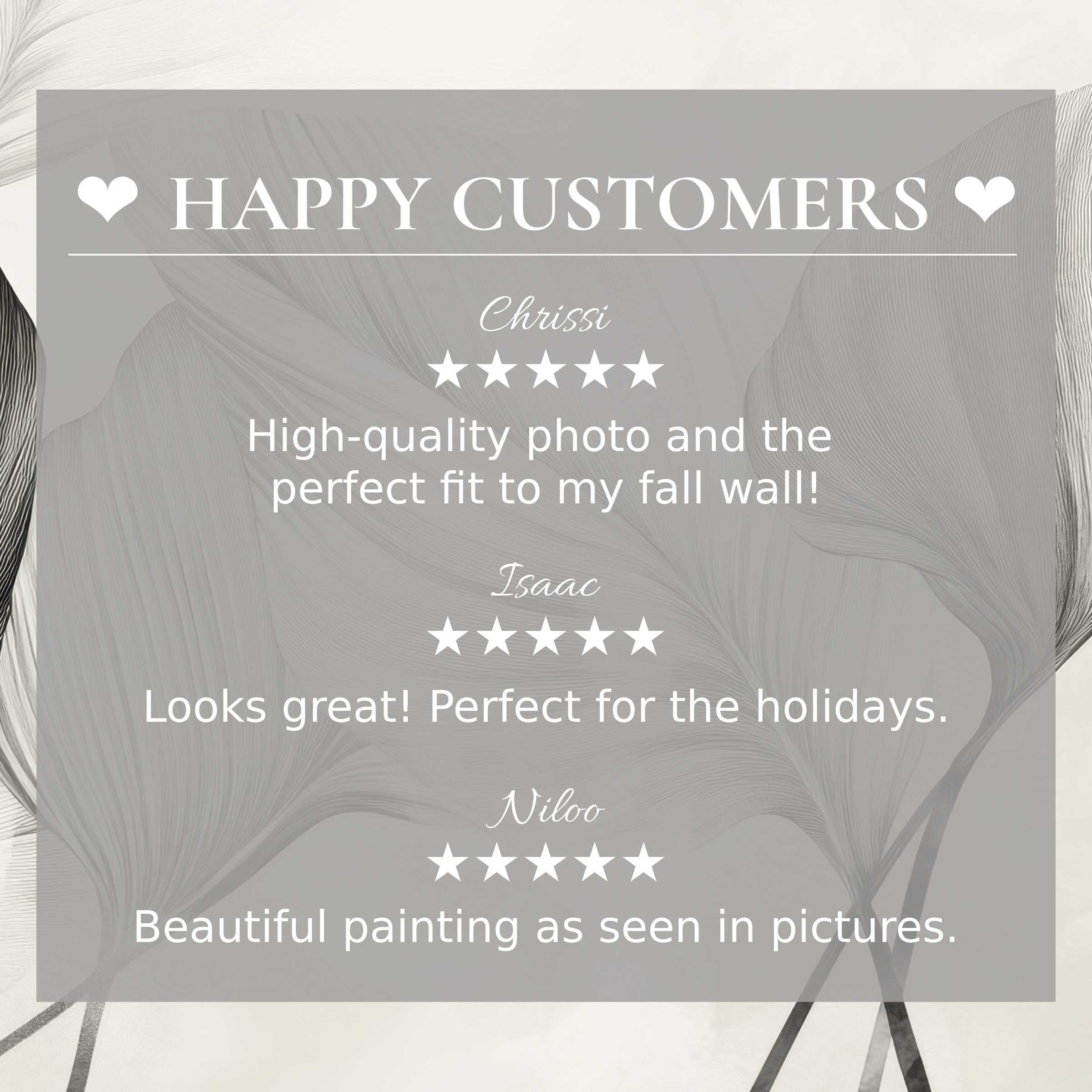 Neutral art for Frame TV with soft abstract gray leaf design; happy customer reviews build trust and style appeal