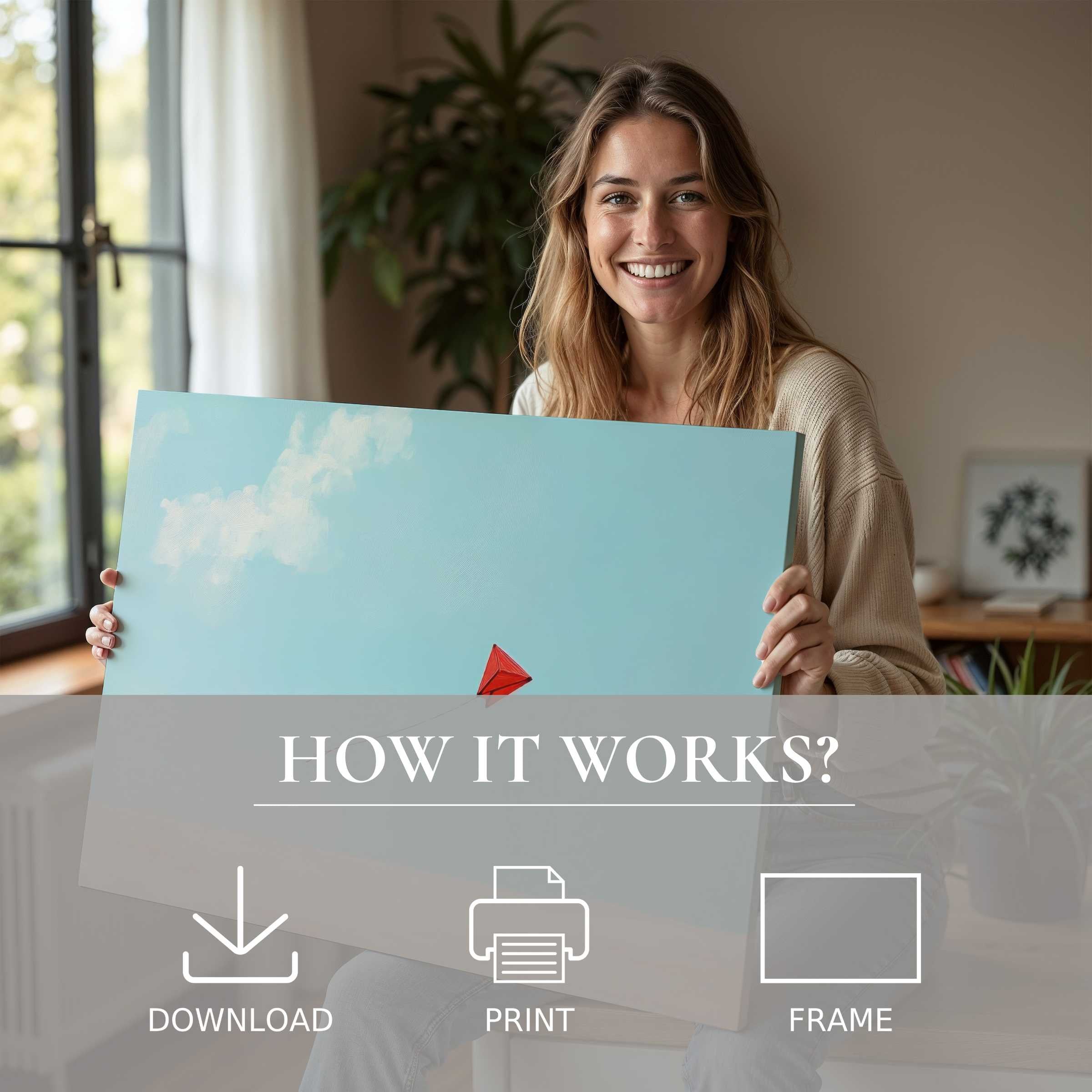 A radiant moment of connection and joy as a woman reveals a minimalist digital art print, embodying effortless elegance in modern decor