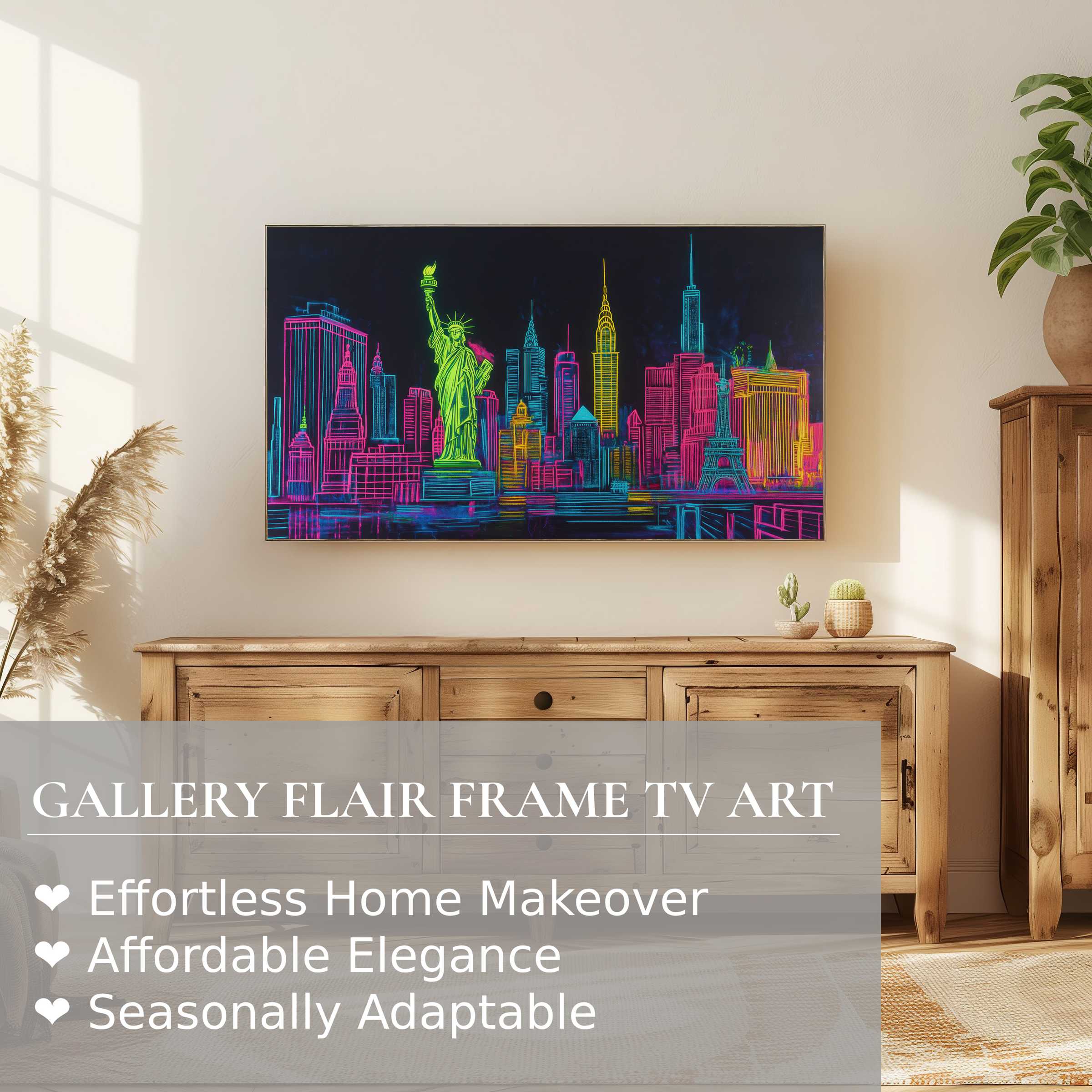 Modern living room showcases vibrant pop art digital artwork of neon cityscape on Samsung Frame TV, blending elegance and style
