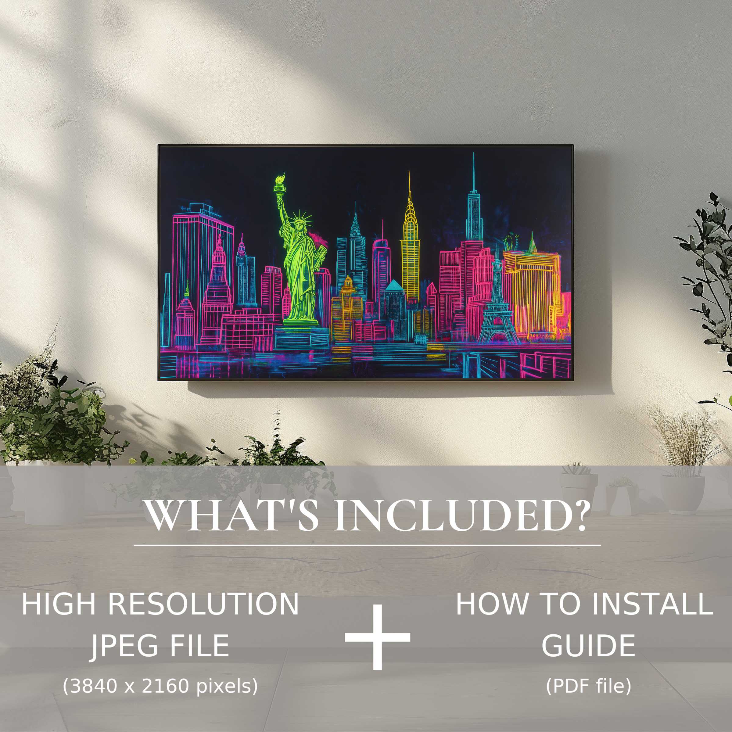 Elegant living room with pop art digital TV art download, easy digital use enhances style and modern ambiance