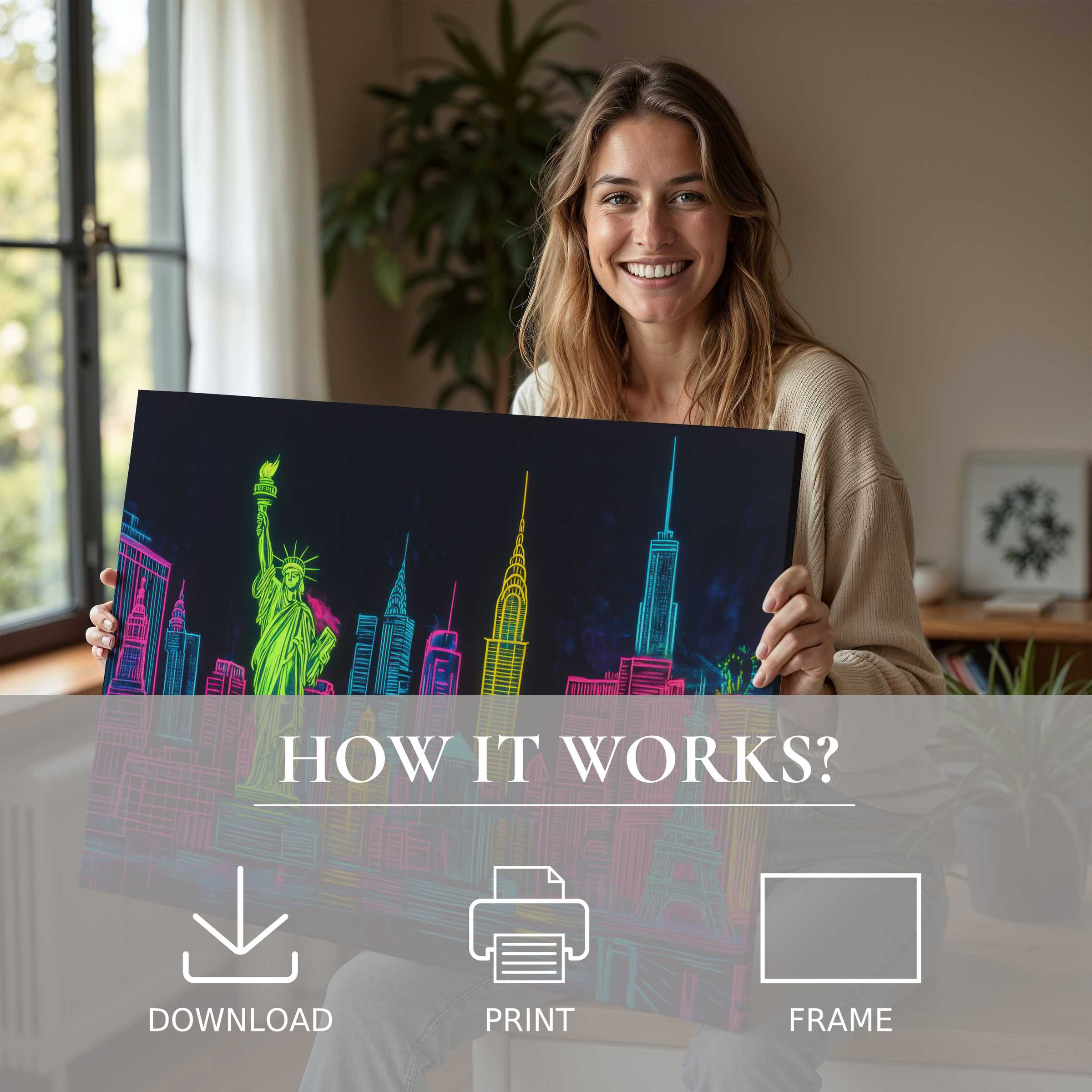 Joyful woman in a modern home cherishes vibrant pop art digital art print, celebrating effortless elegance in living with art