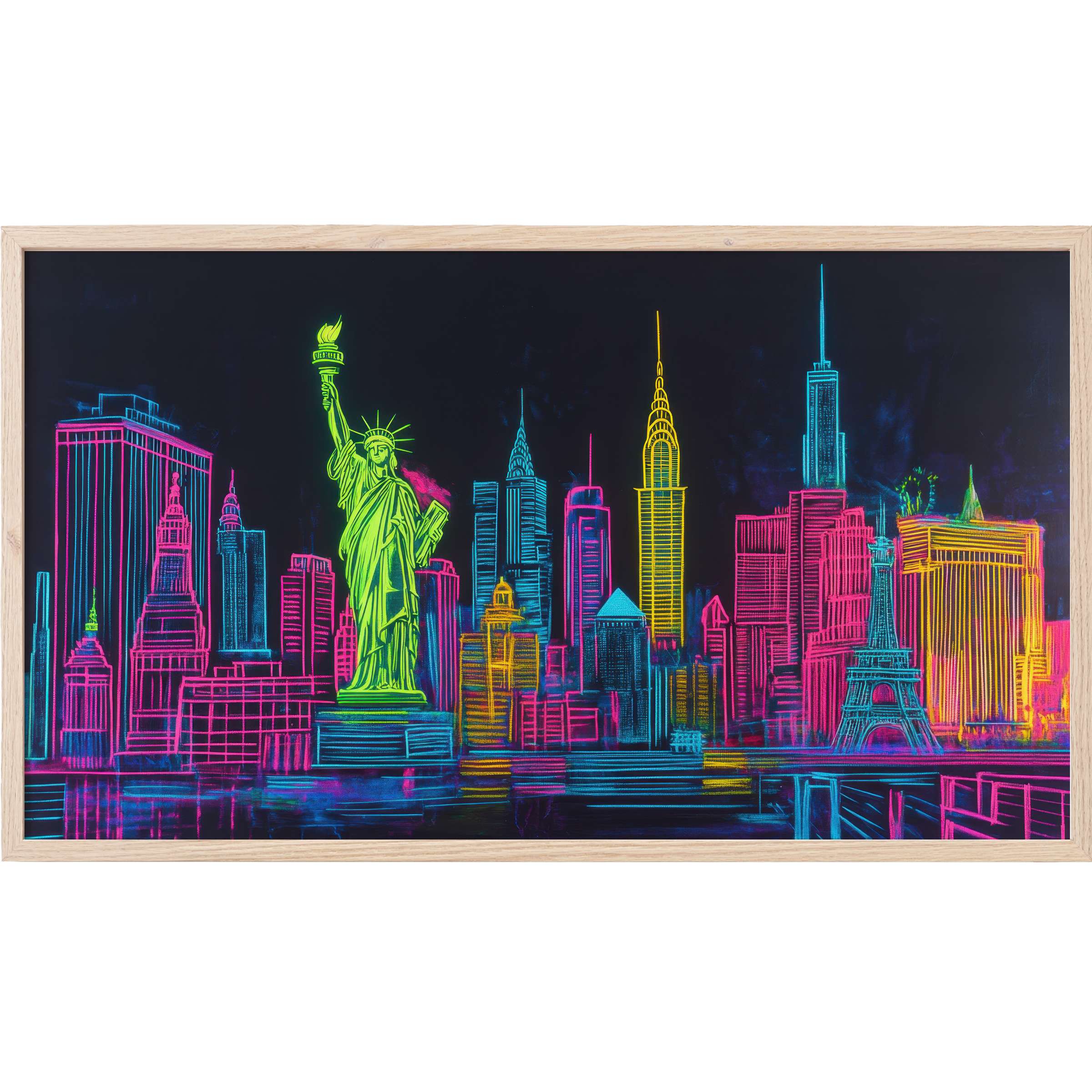 Vibrant neon skyline with Statue of Liberty and Eiffel Tower, sleek black backdrop, pop art Frame TV Art style