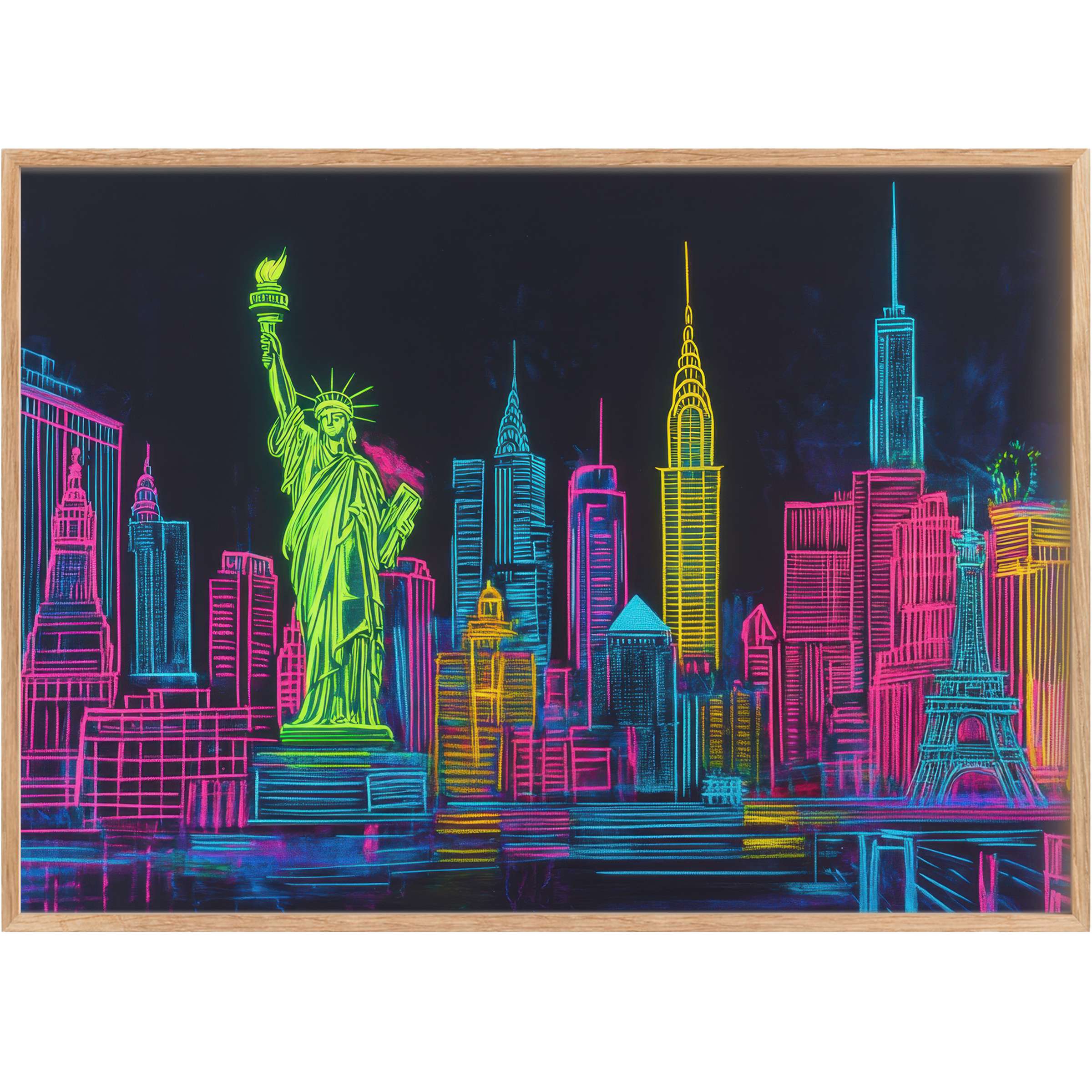 Vibrant pop art printable wall art capturing iconic cityscapes in electric neon hues, infusing rooms with bold, dynamic energy