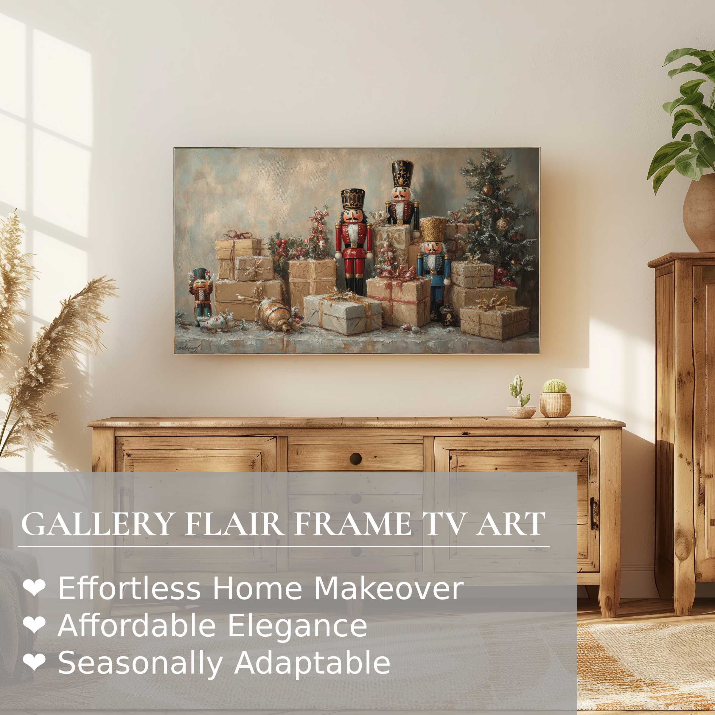 Elegant Samsung Frame TV displays christmas digital artwork with nutcracker figures and wrapped gifts in warm rustic setting
