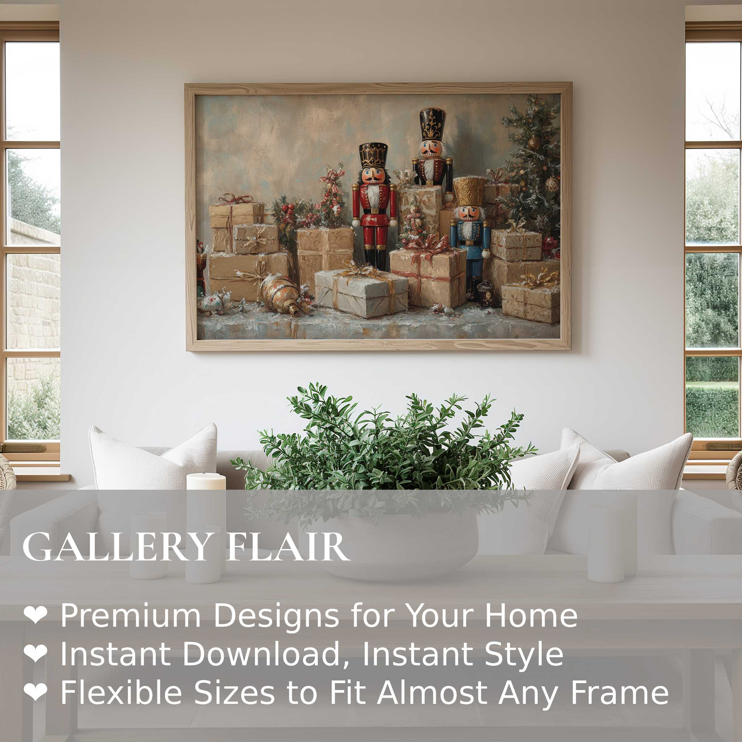 Christmas wall art print featuring classic nutcracker figures and rustic gift boxes in a warm, vintage-inspired living room setting Radiant holiday charm enhances modern farmhouse decor with cozy, elegant festive spirit