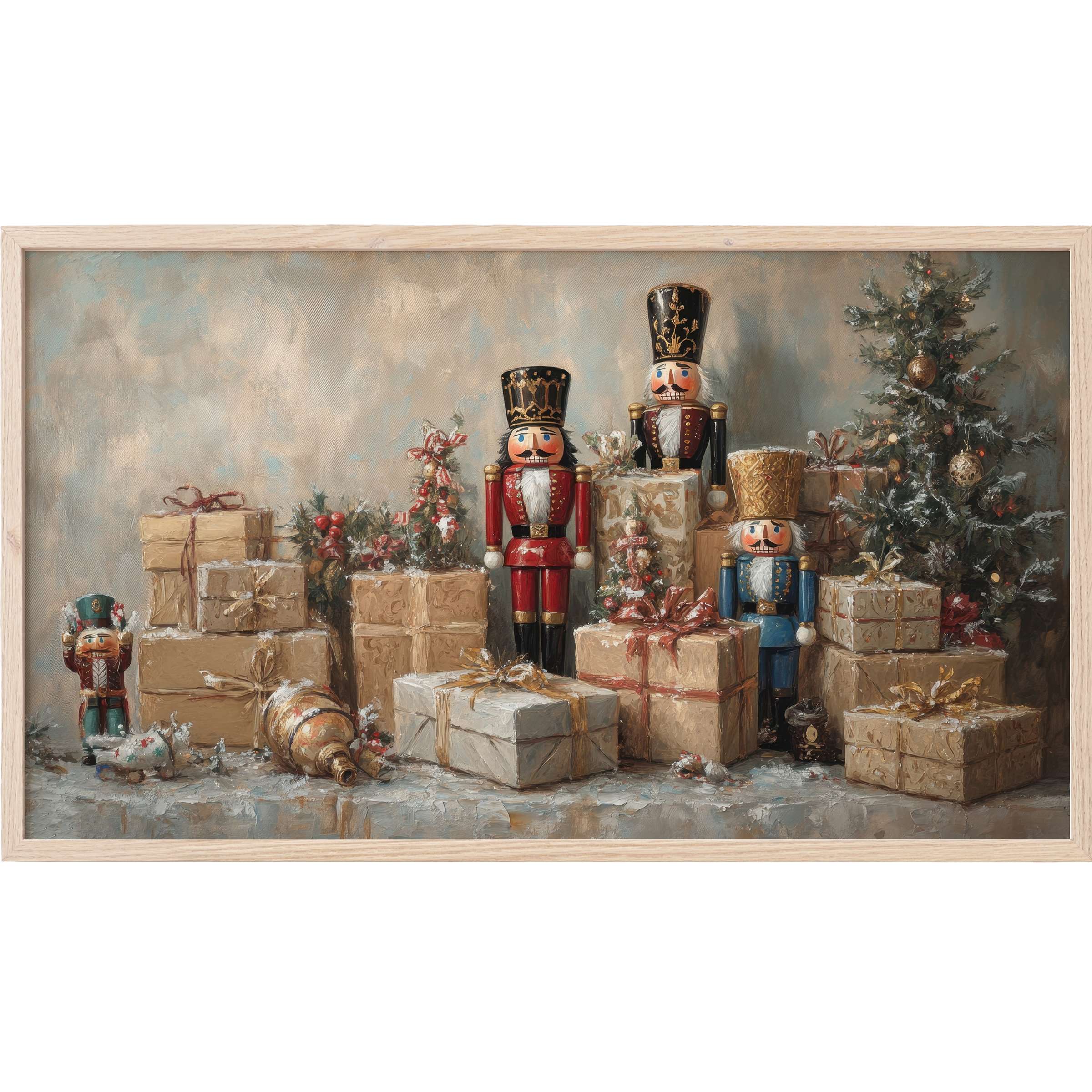Elegant christmas Frame TV Art with classic nutcrackers, wrapped gifts, and muted tones in a timeless festive still life