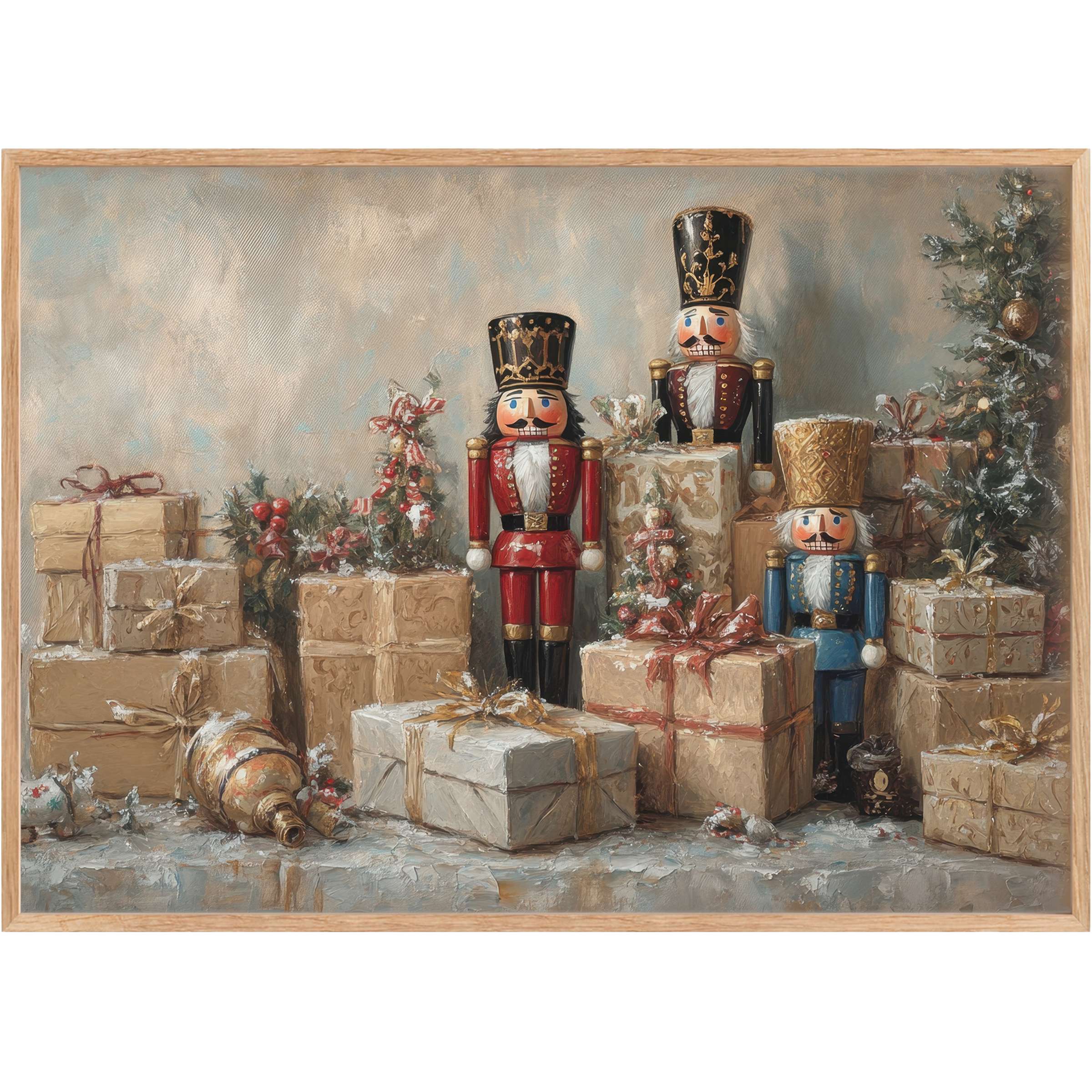 Christmas printable wall art featuring classic nutcrackers and elegantly wrapped gifts in muted golds, reds, and blues, evoking a warm, timeless holiday charm