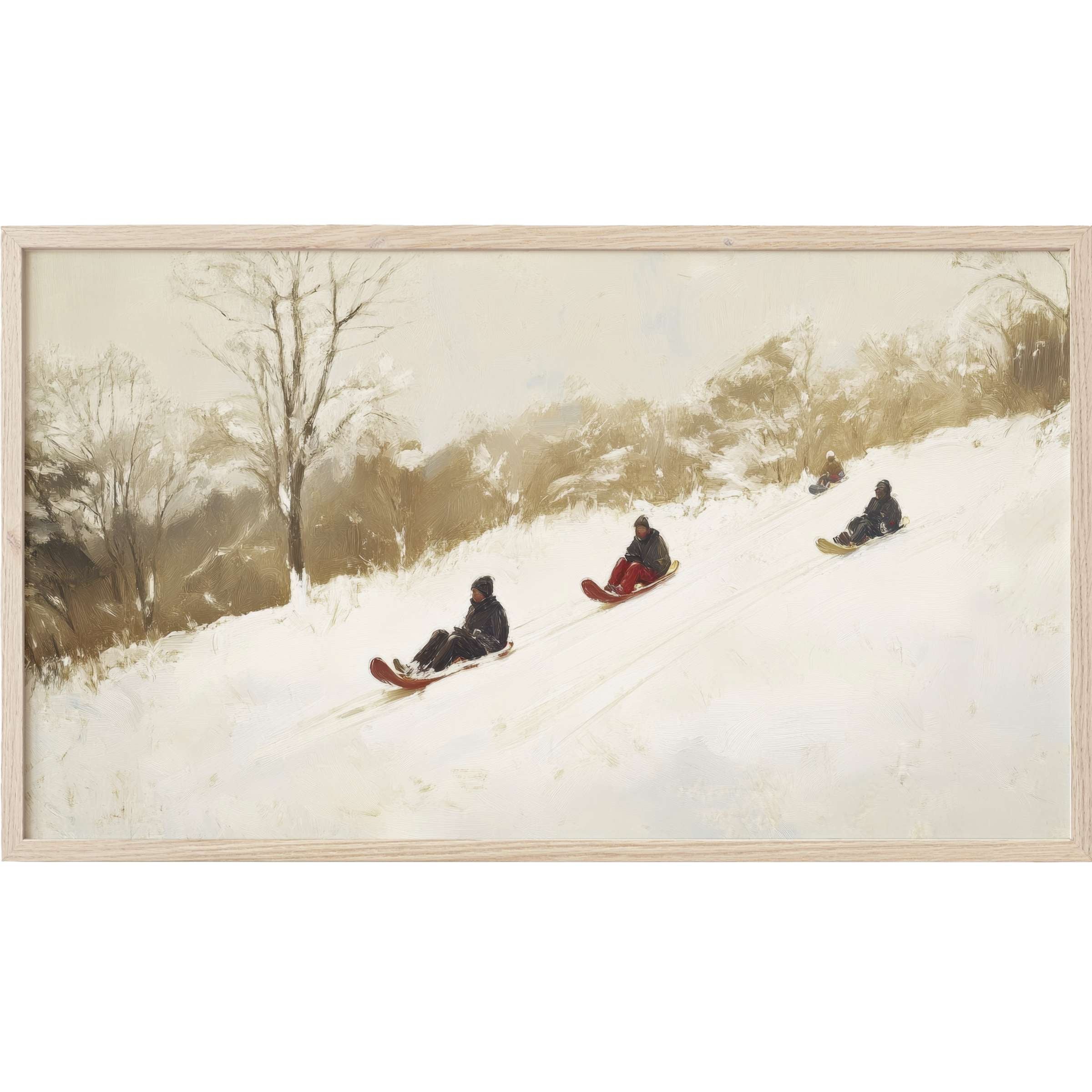 Winter Frame TV Art depicting muted tones of beige and white with soft brush strokes of sledders on a snowy hill