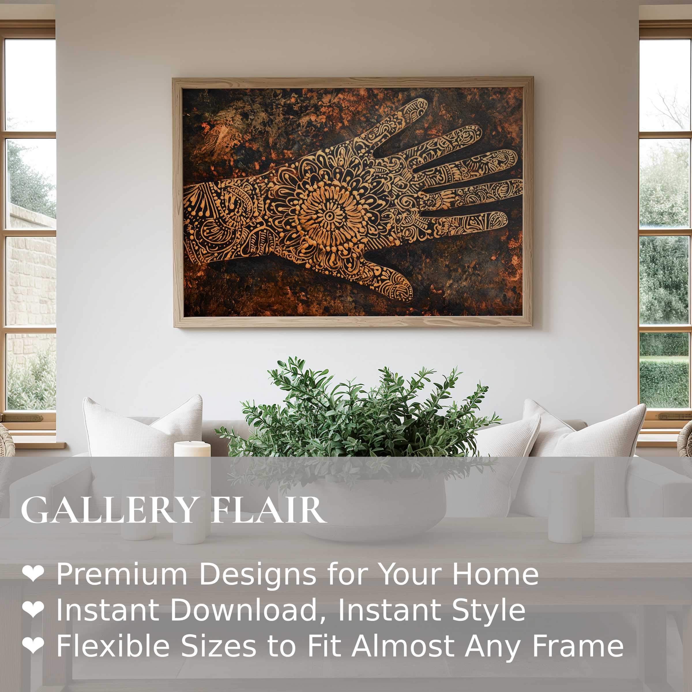 Boho wall art print featuring intricate henna-inspired patterns in warm earthy tones, radiating a calming, artisanal vibe This striking piece enhances a modern, minimalist living space with natural wood accents and lush greenery, adding cultural depth and textural warmth to sophisticated home decor