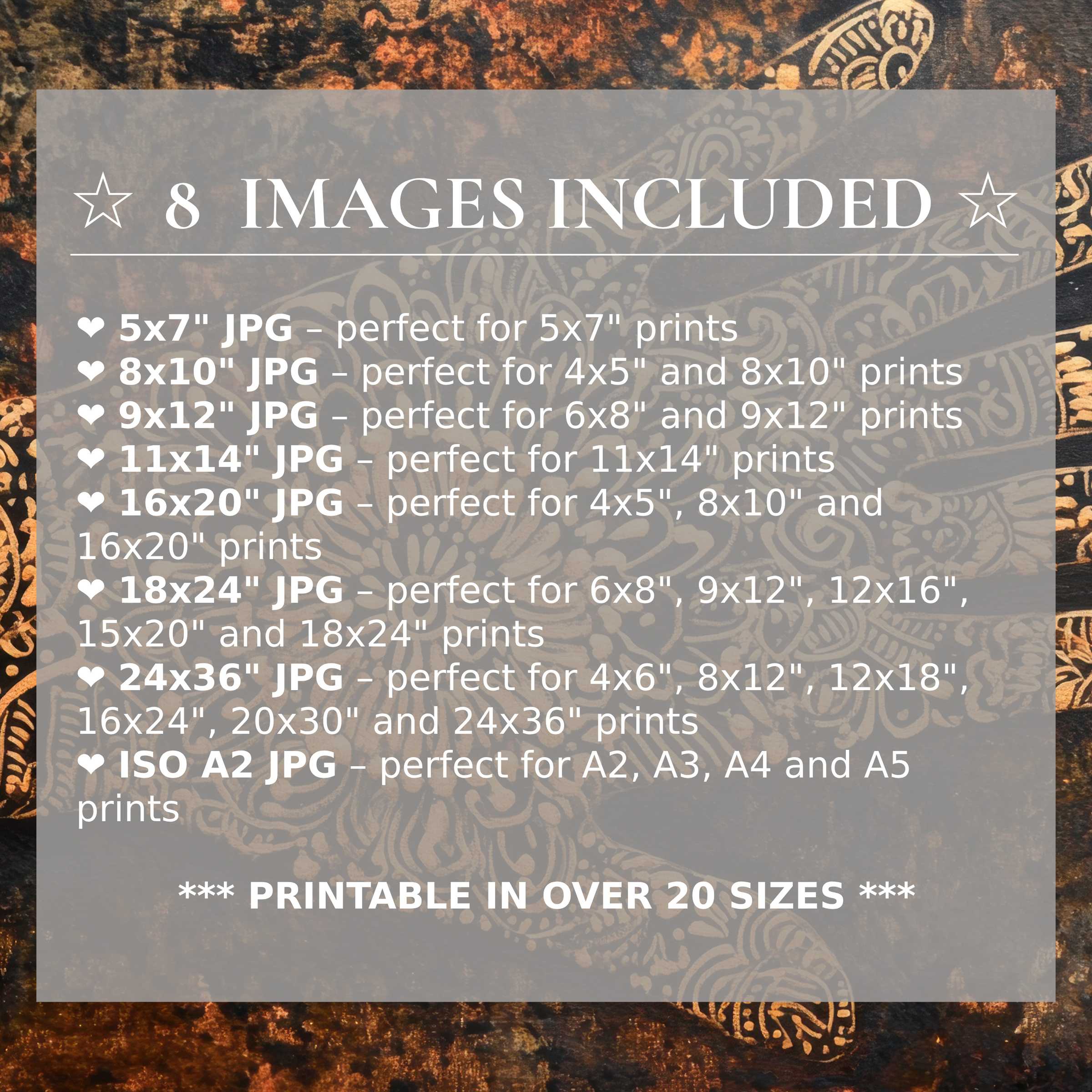 Boho digital print with radiant amber and deep brown hues, delivering calming elegance and style in 8 high-quality sizes to elevate modern interiors