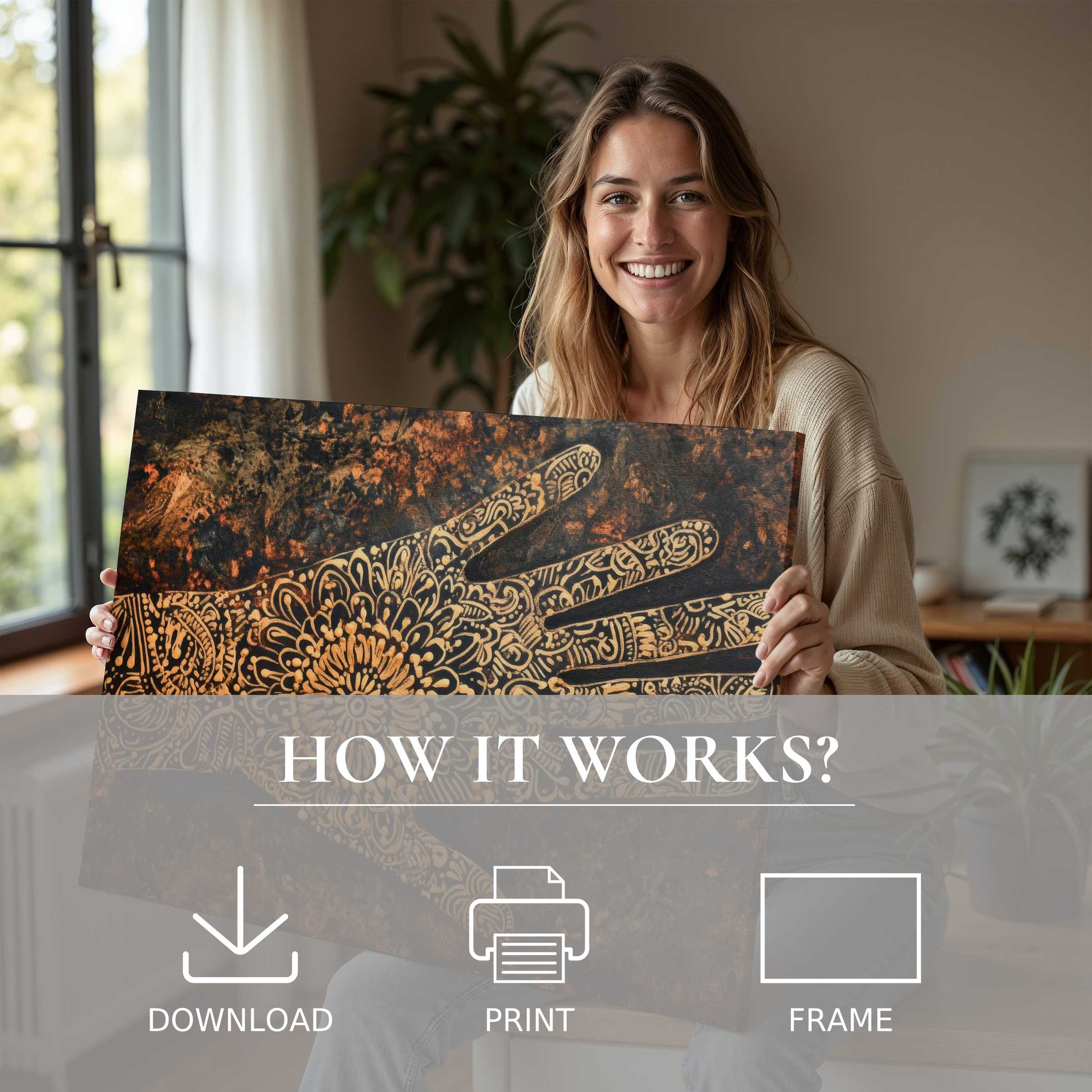 Boho digital art print in warm, intricate patterns inspiring serene joy and effortless elegance in a modern home setting