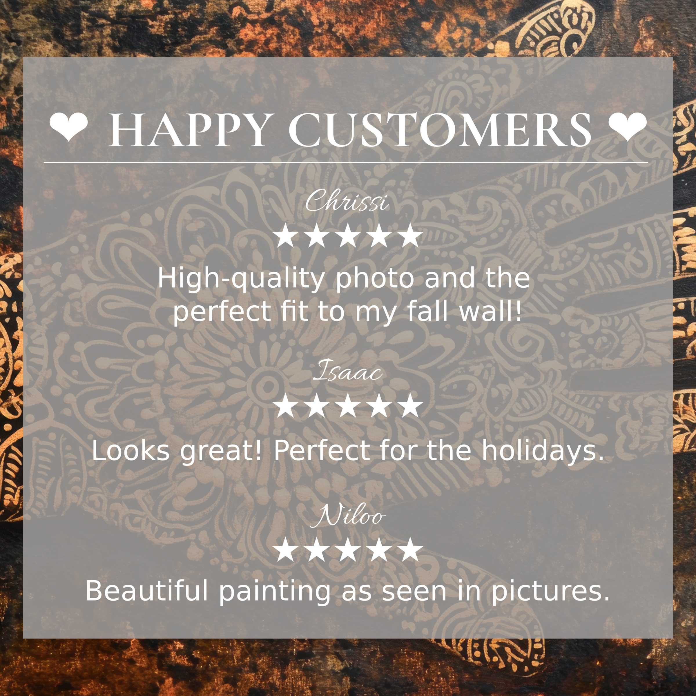 Boho art for Frame TV with abstract sunset hues, showcasing happy customer reviews and elegant, trust-building design
